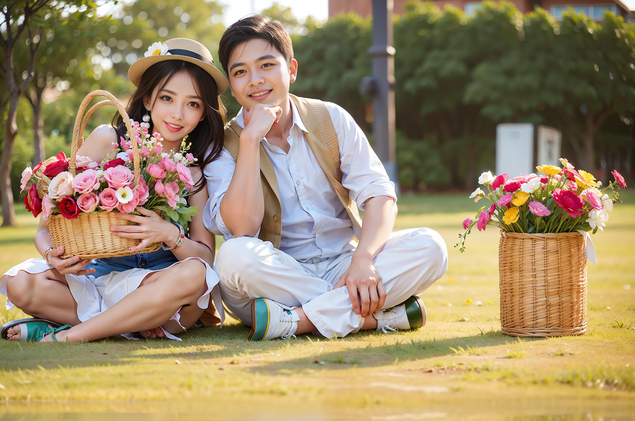 Two people sitting on the grass with flower baskets, lovely couple, photo shoot, happy couple, picnic, leisure photography