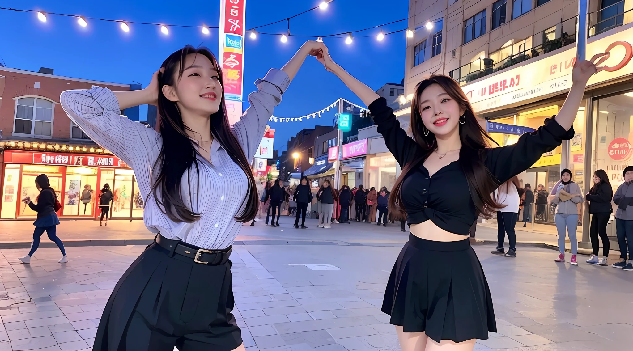 Korean woman, dancing in downtown square, happy and happy, masterpiece level, virtual YouTuber, 9 pm, bright wind lights, wide view.