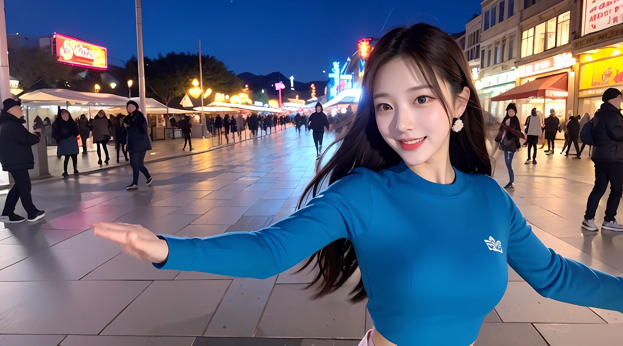 Korean woman, dancing in downtown square, happy and happy, masterpiece level, virtual YouTuber, 9 pm, bright wind lights, wide view.