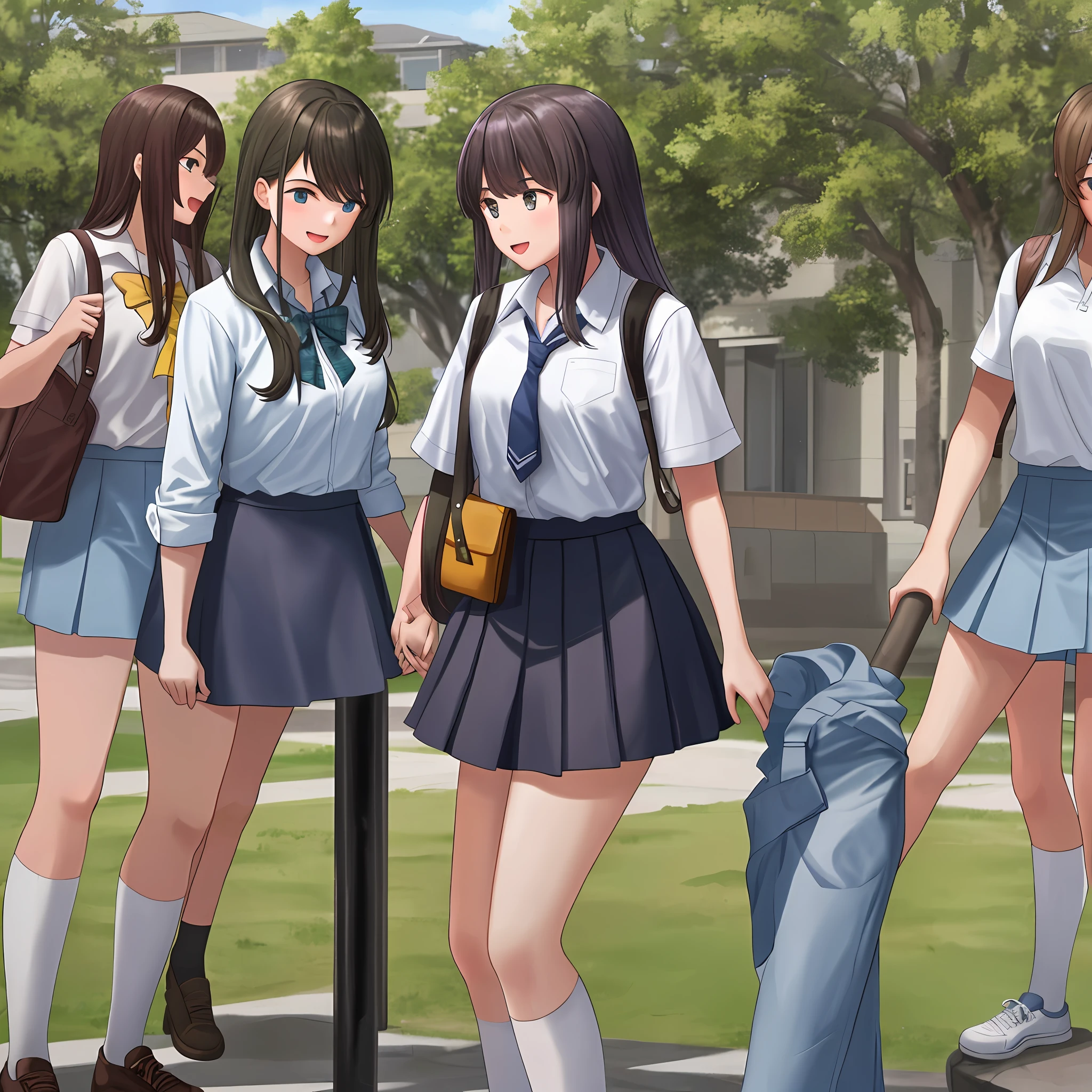 Two high school girls are licking one man's