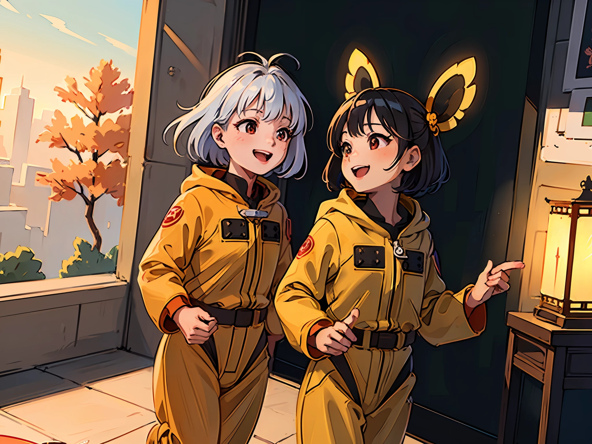 (Extremely detailed CG Unity 8k wallpaper, masterpiece, best quality, super detailed), (best lighting, best shadow, extremely delicate and beautiful), Chinese style, sunshine, warm colors, friendly, cheerful, smiling, ish, two childcesuit, space,