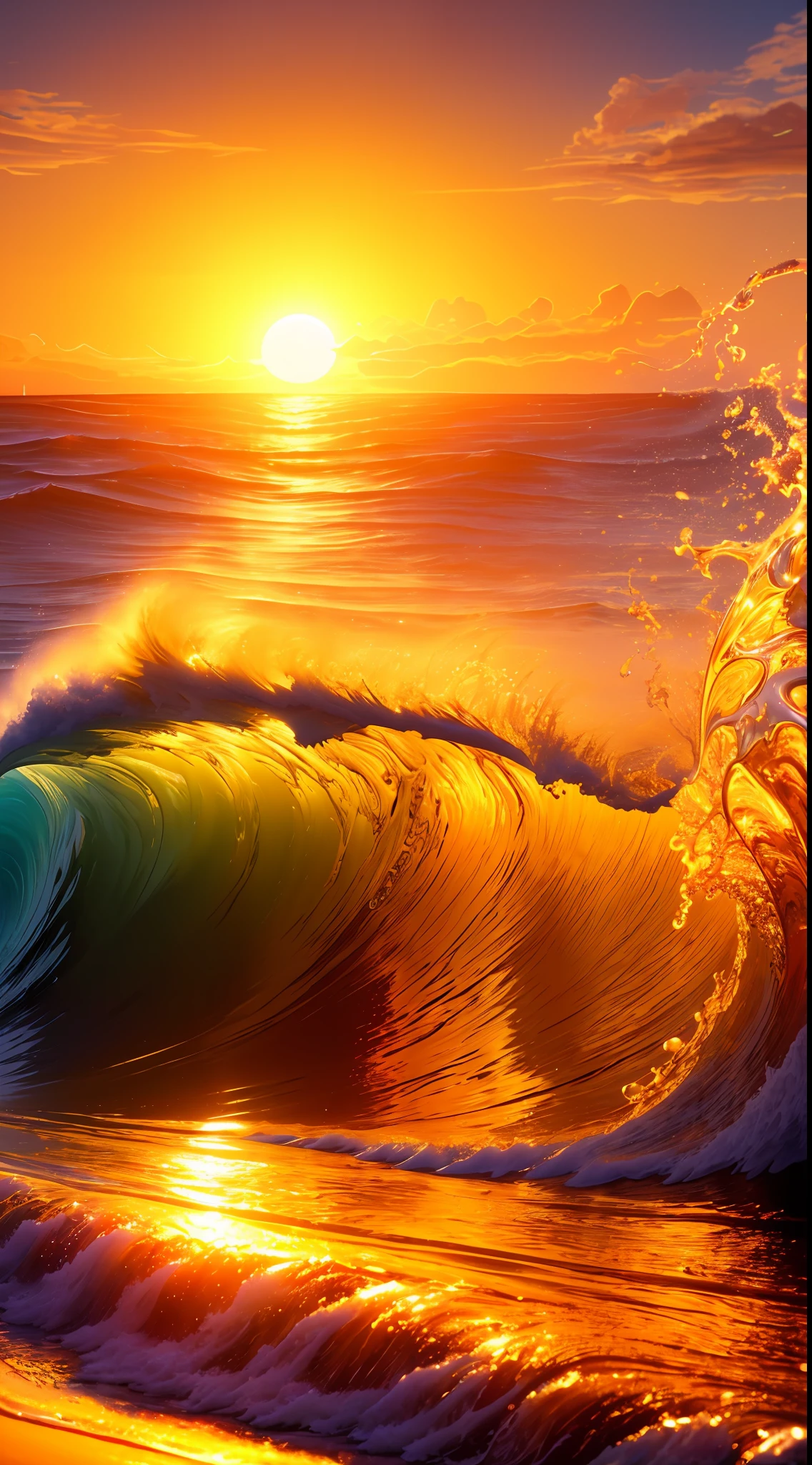 Masterpiece, best quality, (8k very detailed CG unit wallpaper) (best quality), (best illustration), (best shadows) a golden sea wave, bright orange aol sunset through the wave, golden droplets flying, (:1.6)