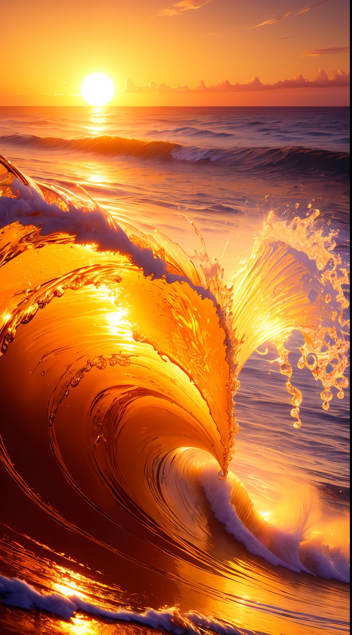 Masterpiece, best quality, (8k very detailed CG unit wallpaper) (best quality), (best illustration), (best shadows) a golden sea wave, bright orange aol sunset through the wave, golden droplets flying, (:1.6)