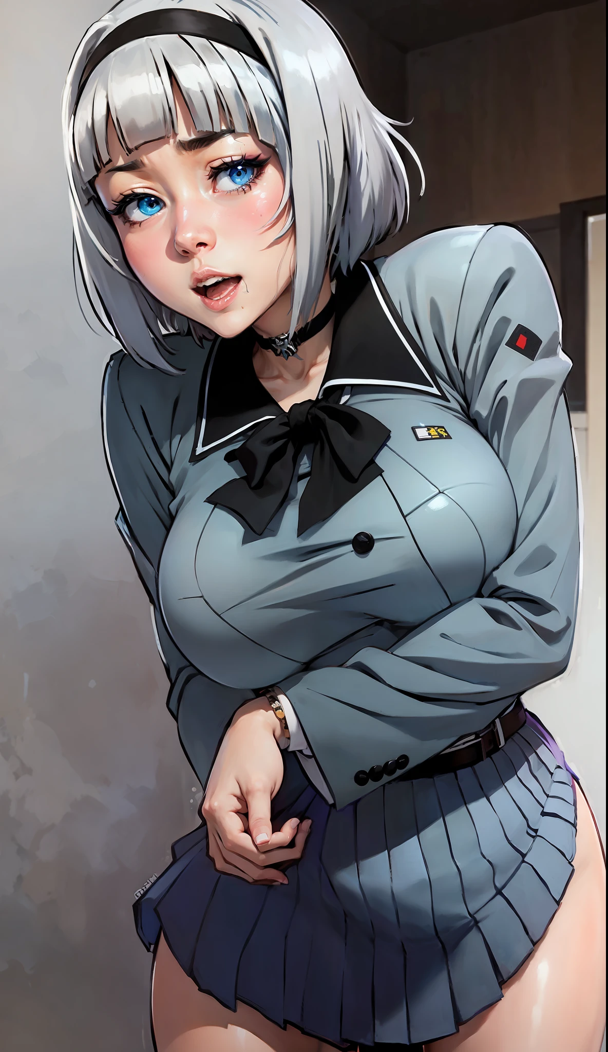 masterpiece, 8k, 4k, high quality, Anna Nishikinomiya Shimoneta, lustful anime girl with short silver hair and sea blue eyes, wearing black headband, shivering/shaking, drooling, sexual fluids, gapmoe yandere in ecstacy, hands on face, flaunting luscious hips and massive breasts, wearing an untucked white school t-shirt with a buttoned up dark grey school overcoat, wearing a long blue school skirt and black leggings, https://www.pixiv.net/en/artworks/51735719, artist クシャビリア, anime shimoneta, pixiv top rankings, danbooru top rankings, good artist,