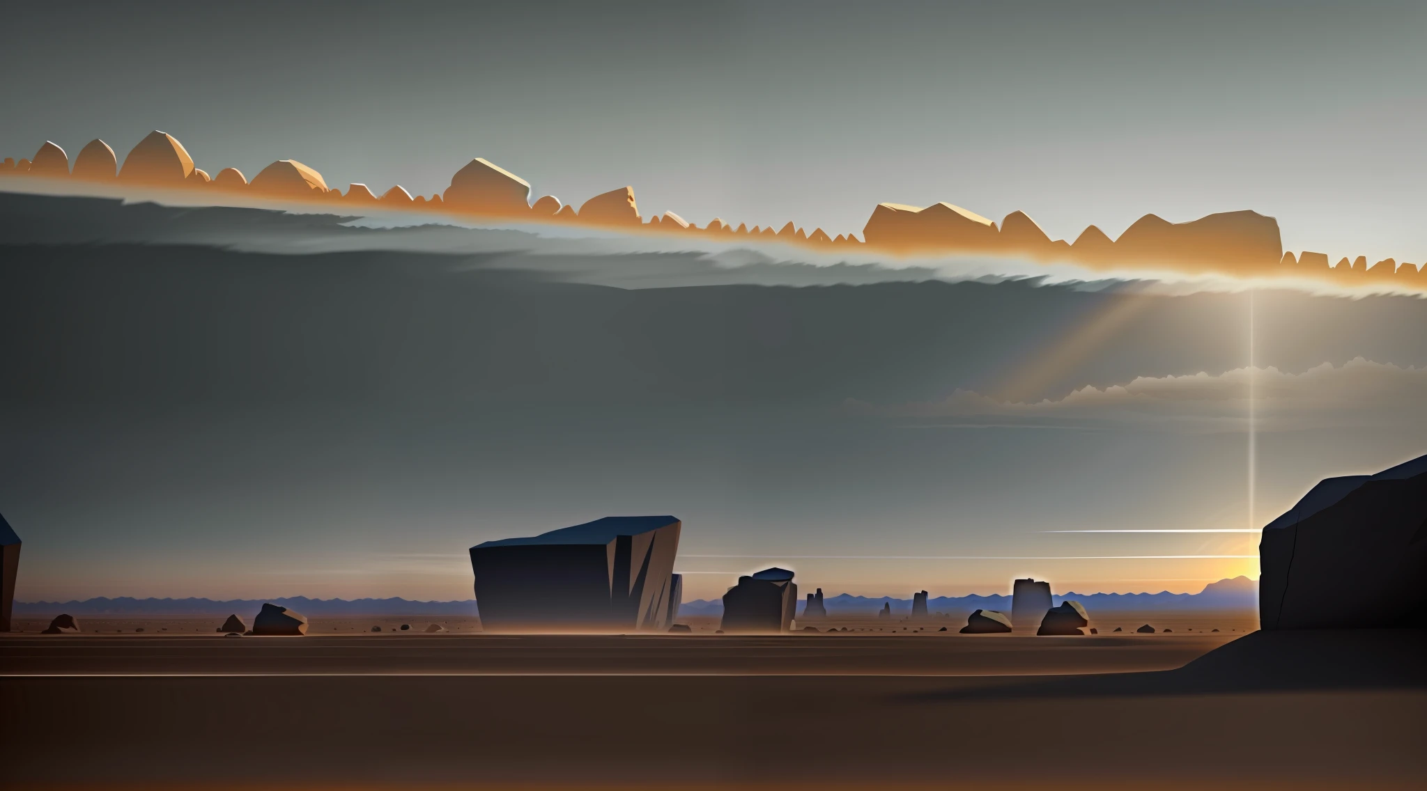 Endless desert, there are only few rocks on the desert, the rock structure is simple, the desert is flat, the sky is light blue, two-dimensional anime style, the style is gray, the rock distribution distance is large, the details are obvious, no shadow, the perspective is head-up, there are few rocks, the rocks are large, the shadow color is very light, the desert has no small stones, the desert land is flat, the sky has no sunset, the time is at noon, the light source is directly above, and the light is far from the right