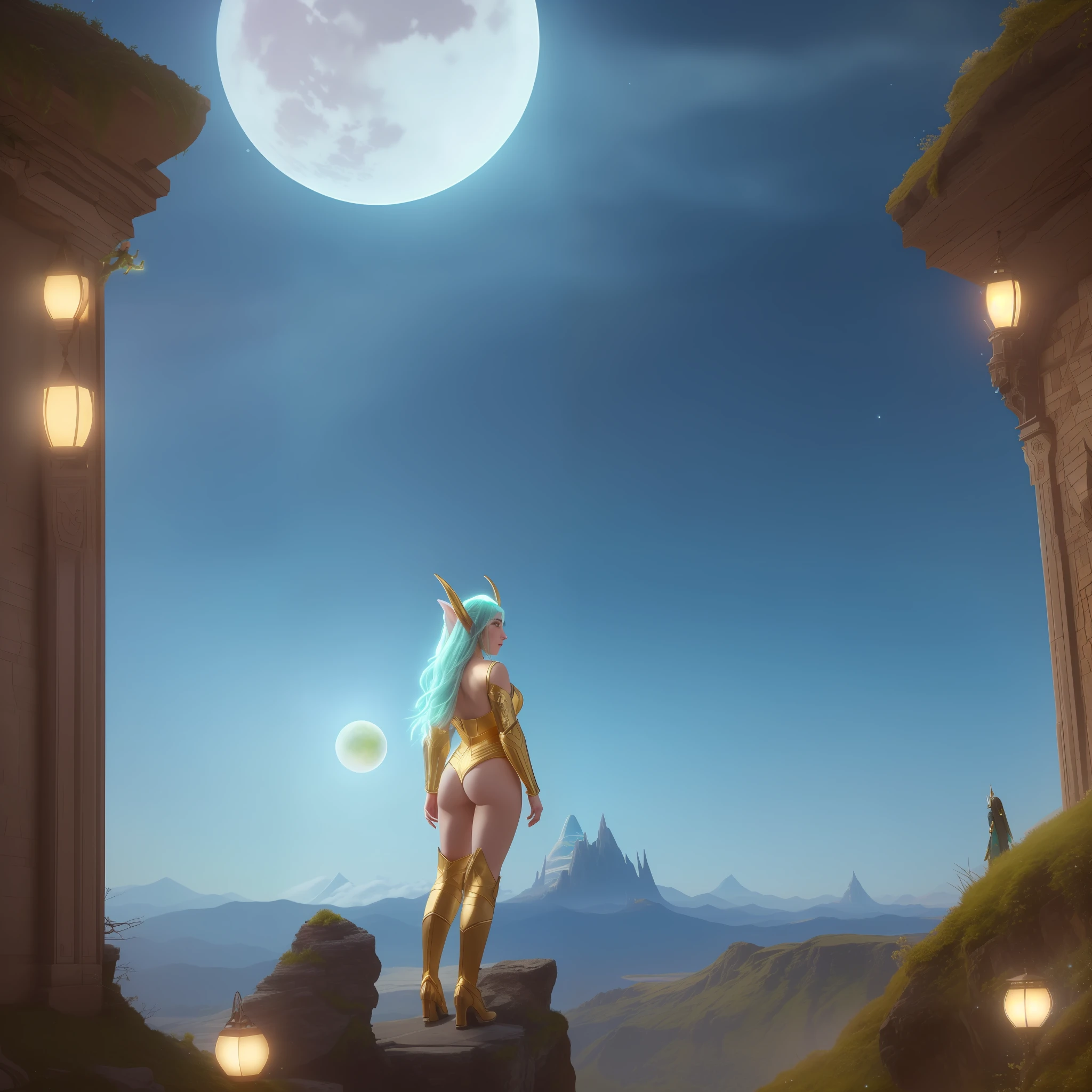 highly detailed color photo, rear angle, full body,close, close, of (female elf, wearing gold and silver costume, clouse-up, neon blue halo, face shield, neon blue light eyes), outdoors, (looking at advanced alien structure, in Middle-earth), toned body, big ass, (fantasy), (mountains: 1.1), (lush green vegetation), (3 moons in the sky: 0.8), (highly detailed, hyperdetailed, intricate), (lens flare:0.7), (bloom:0.7), particle effects, raytracing, diffuse cinematic lighting