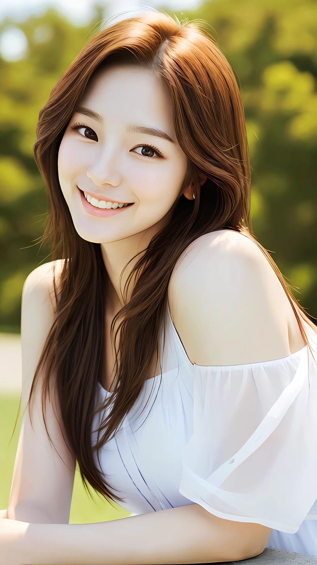 realistic photos of (1 cute Korean star) Shoulder-length hair, thin makeup, medium breasts size, slightly smile, in sunny day, clear facial features, 16K high resolution, sharp and realistic details.