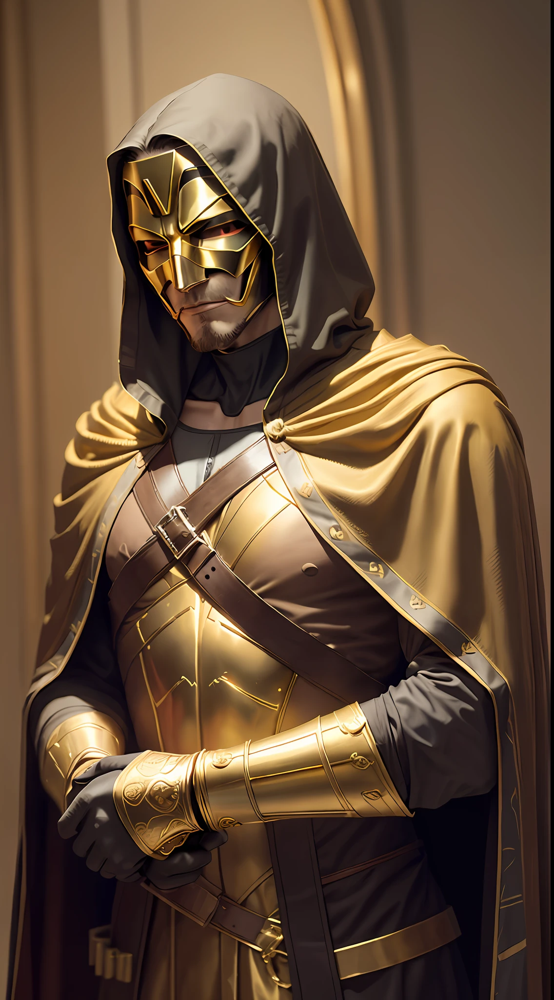 A man who looks like a V-shaped vendetta wears a golden mask and gold clothes in a dark room