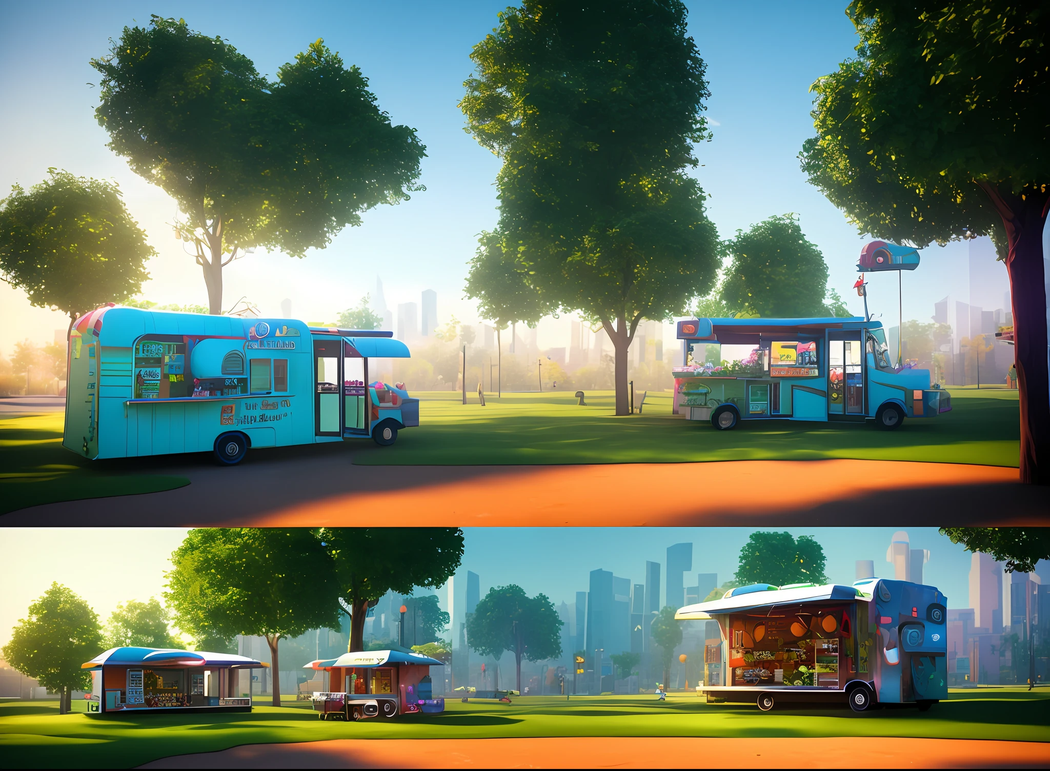 In the park, a food truck with a hamburger on it and a tree next to it, 3D rendering of Beeple, trends on cgsociety, pop surrealism, rendered with maya, sketchfab, vray tracing