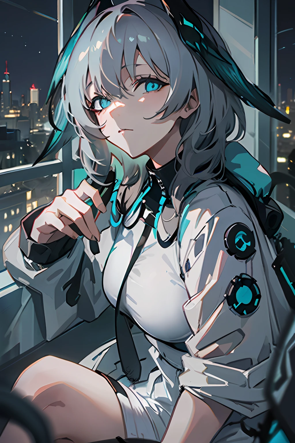 (masterpiece), best quality, cyan eyes, light grey hair, expressive eyes, Holhaya, sitting in highrise apartment room, night sky, city landscape, looking at viewer, city lights, window, highlight, dramatic lights, calm face,