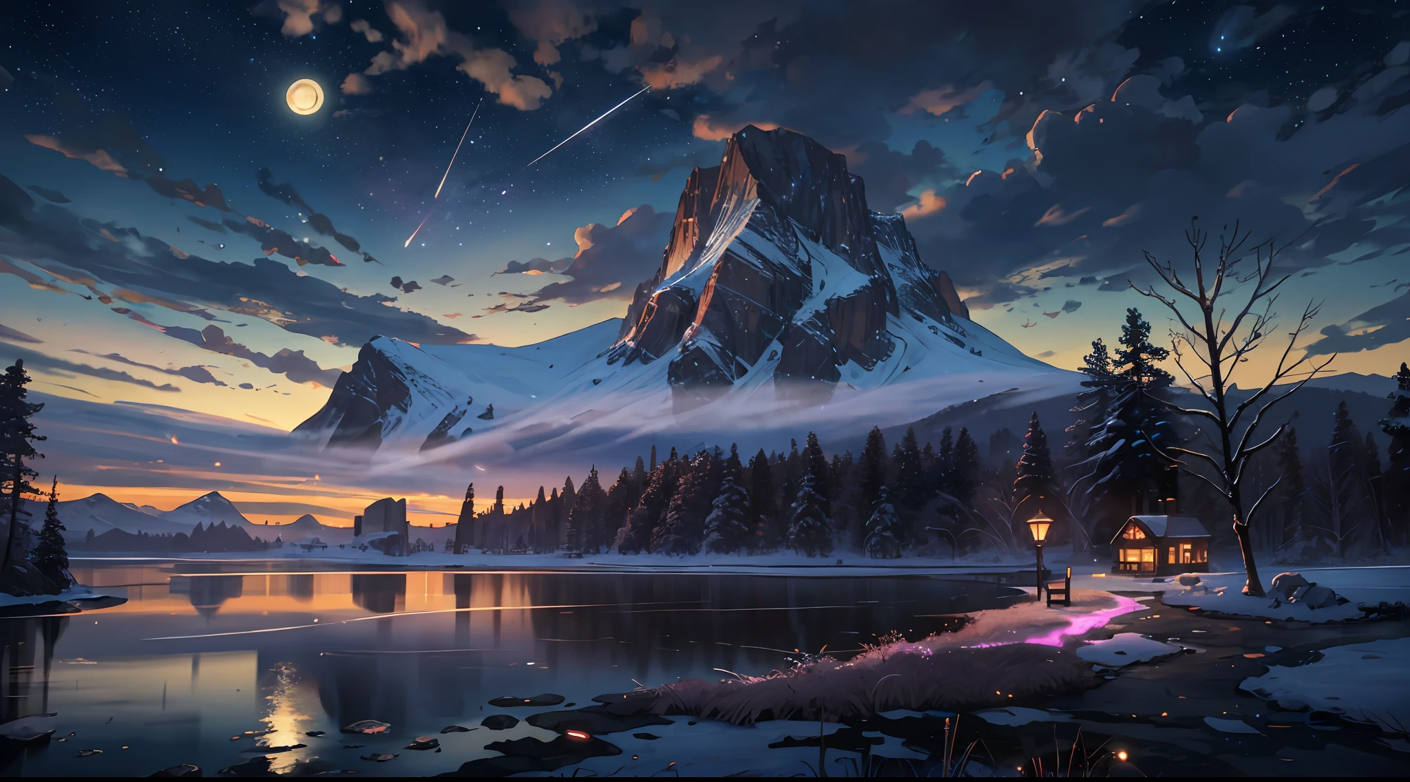 expansive landscape photograph , (a view from below that shows sky above and open field below), Night scene with a some house and a lake in the foreground, calm night. digital illustration, Masterpiece, best quality, high quality, extremely detailed CG, anime style, 8k wallpaper, landscape, town, street in mid, light, tree, asian, shop, woods, more sky, cloud, sky, wind, (full moon:1.2), ( shooting stars:0.9), (nebula:1.3), distant mountain, tree BREAK, production art, (warm light source:1.2), (Firefly:1.2), lamp, lot of purple and orange, intricate details, volumetric lighting, realism BREAK
(masterpiece:1.2), (best quality), 4k, ultra-detailed, (dynamic composition:1.4), highly detailed, colorful details,( iridescent colors:1.2), (glowing lighting, atmospheric lighting), dreamy, magical, (solo:1.2)