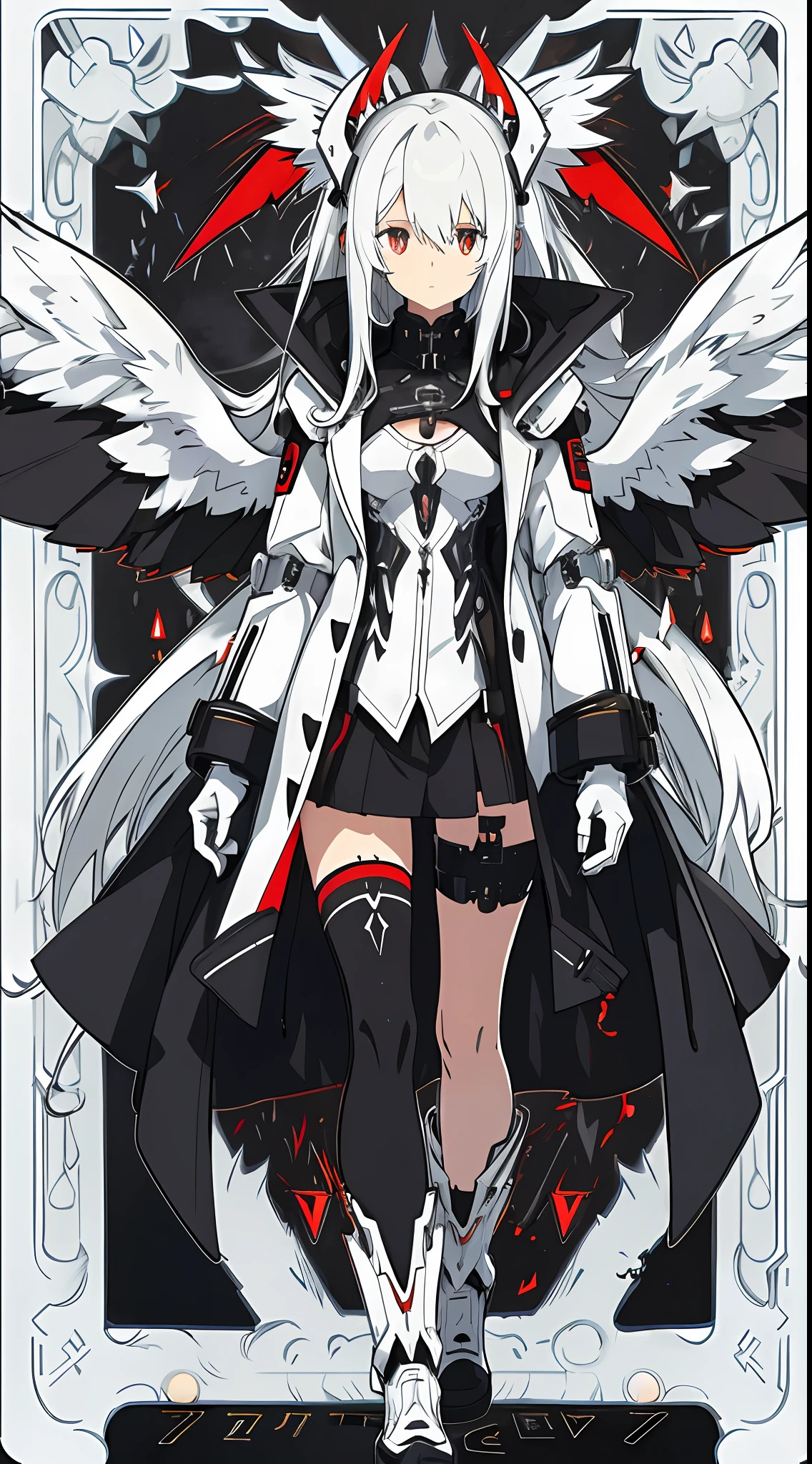 Flat chest, long white hair, girl, black trench coat, three expressionless, cyborg, black background, white pupils, demon wings, angel wings, mechanical wings, 2D anime style, black armor, hair color different inside and outside, white hair outside, red inside hair inside, full body photo,