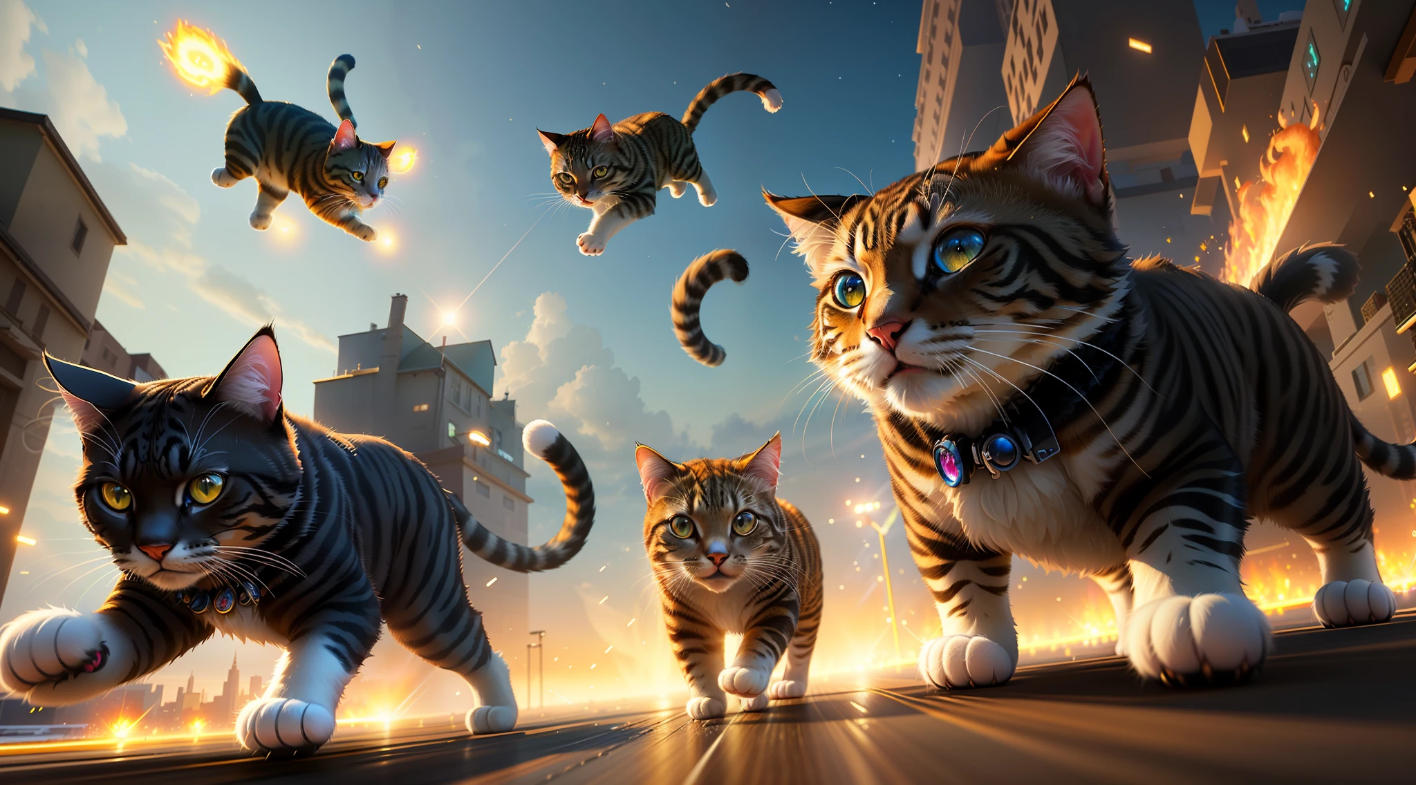 (Awesome CGI))), (highest quality, highest resolution, highly detailed digital art), jumping electric cat on ice, cat art (including cat fur textures, eye sizes, angles, etc.), (spectacular digital art, ultra-realistic CGI art, 4K HD illustration wallpaper), elements with nice backgrounds....