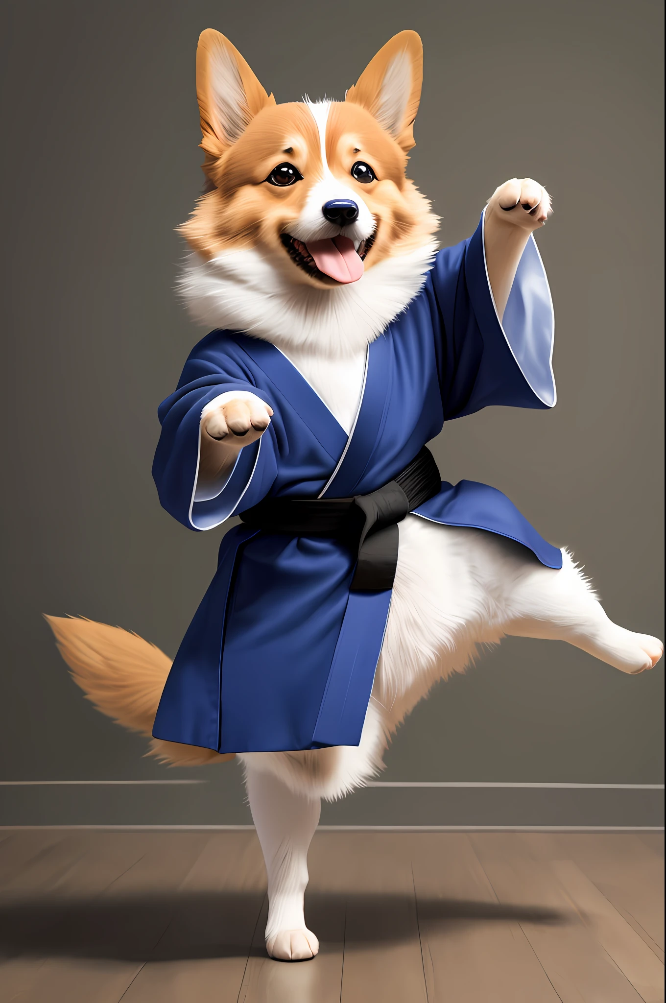 Anthropomorphic corgi, standing on both legs, wearing a robe, martial arts moves, playing tai chi, square, serious expression, mouth closed, Lightroom, movie, HDR, original, complex, high quality, soothing tones, intricate details