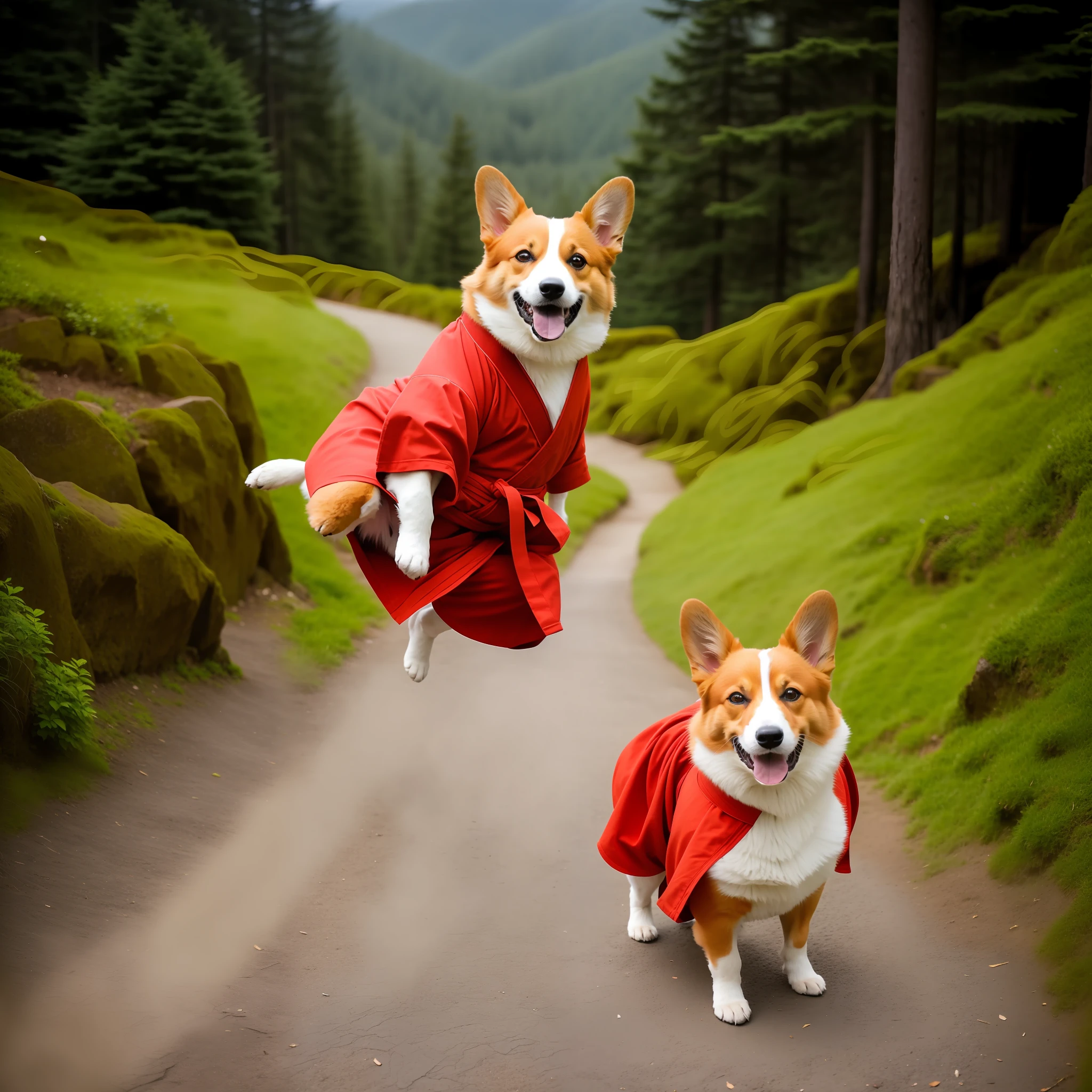 Anthropomorphic corgi, standing on two legs, wearing robes, martial arts moves, playing tai chi, mountaintop, lightroom, movie, HDR, original, complex, high quality, soothing tones, intricate details