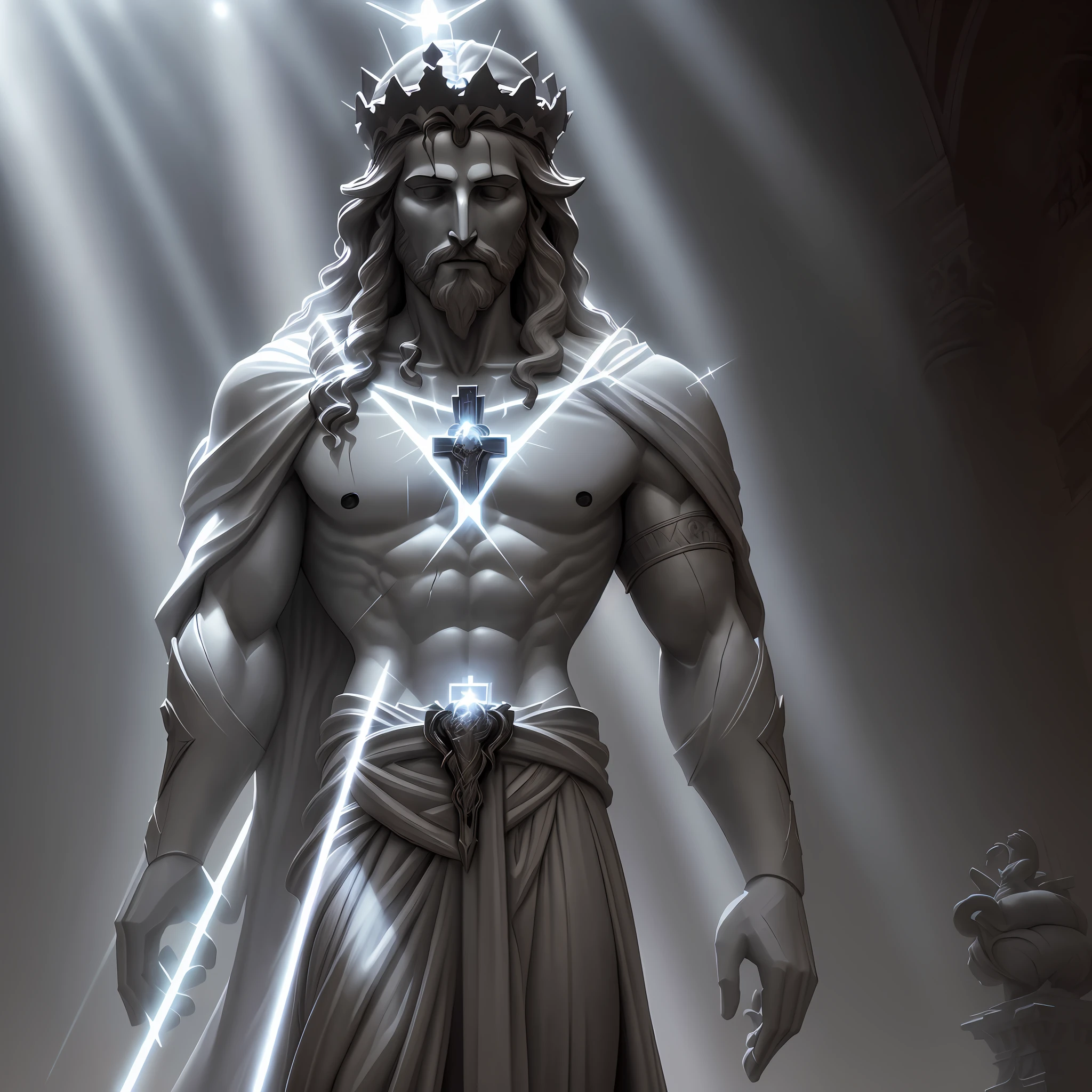 a statue of Jesus Christ, (with beams of light in the background:1.4), with crown of thorns on his head, sacred heart on his chest, Clint Cearley, a marble sculpture, (cinematic:1.4), slate gray atmosphere, hyper-detailed, soft tones, insane details, low contrast,