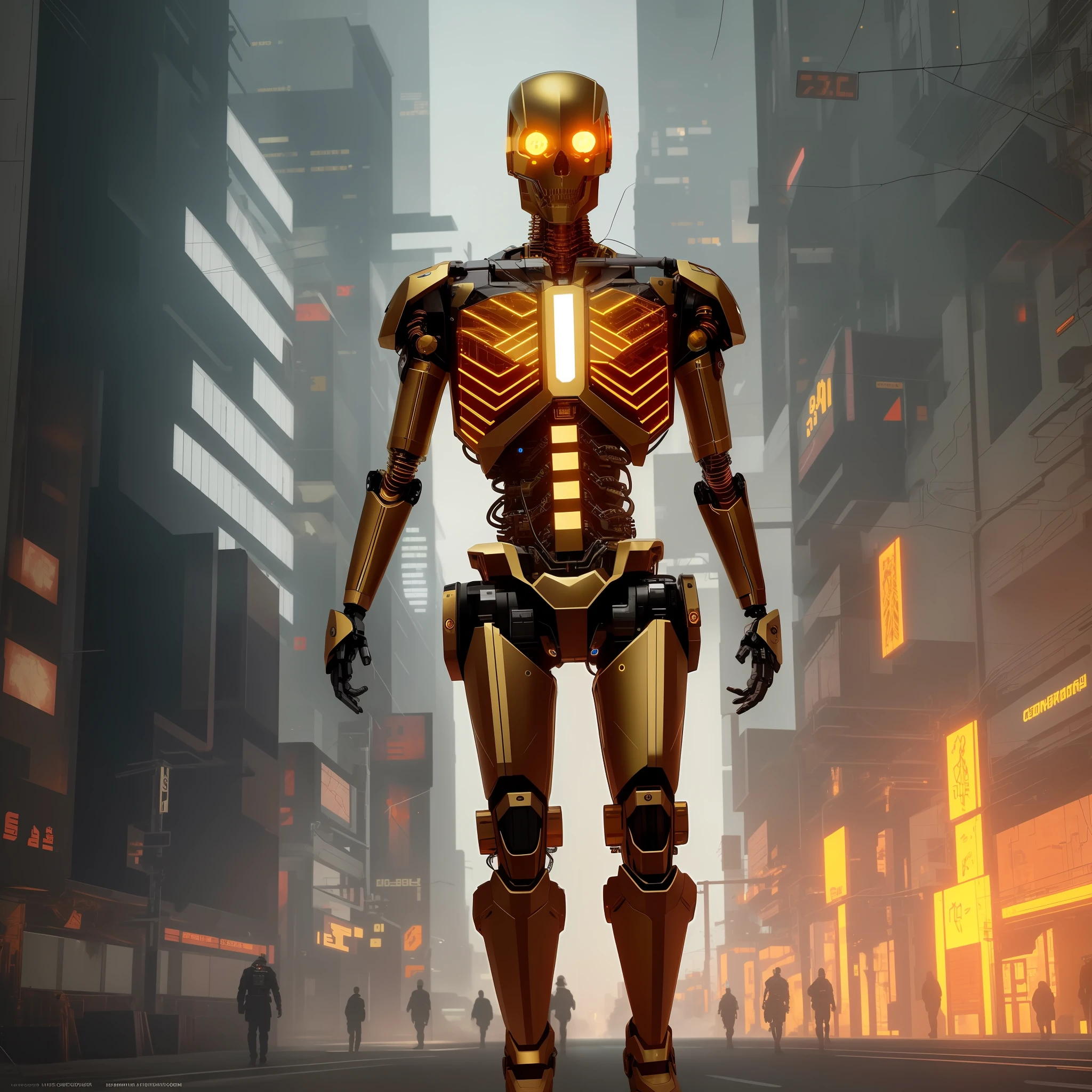 A golden skeleton, full body, with cybernetic clothing, wires appearing, a robot arm, eyes of fire, cyberpunk, dark, apocalyptic pos scenario, post-apocalyptic city, dramatic, ultra realistic, 8k, intricate details, cinematic shooting, cinematic light, diffuse light, spectacular art, 100 mm, dslr, nikon,