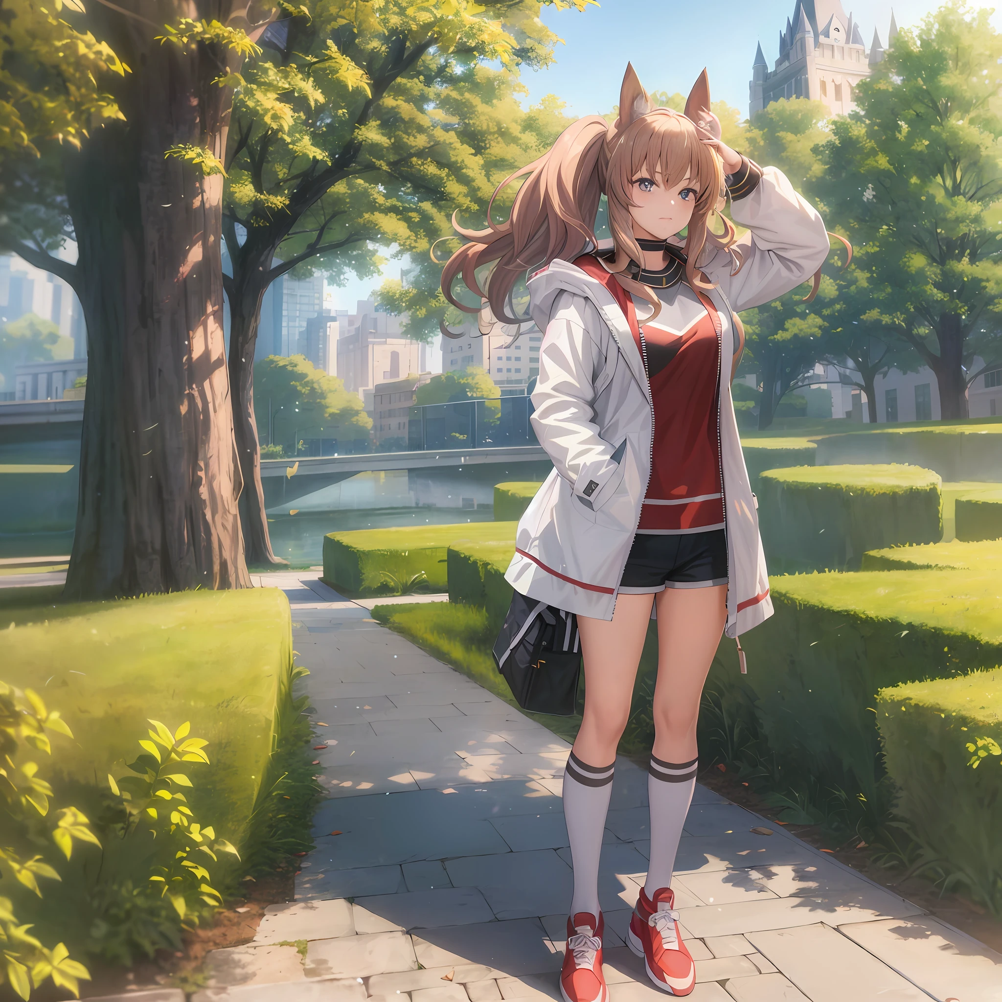 (Masterpiece), 4k, 8k, high resolution, high resolution, beautiful, anime, stunning, girl, standing in a city park with hands in pockets, hair fluttering in the wind, animal ears, white coat, white knee socks, determined eyes