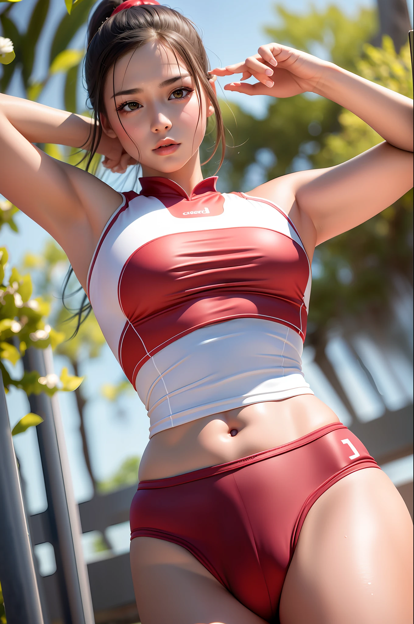 masterpiece:1.2, best quality), realistic, (real picture, intricate details, depth of field),
 (1girl, solo), make up, parted lips, highly-detailed, perfect face, (medium breasts:1.4), small waist, tall, 
glossy coral lips, red hairs, red eyes, ponytail, (A girl playing volleyball, white volleyball uniform),
 (sweating:1.2), (wet), sexy, blushing,