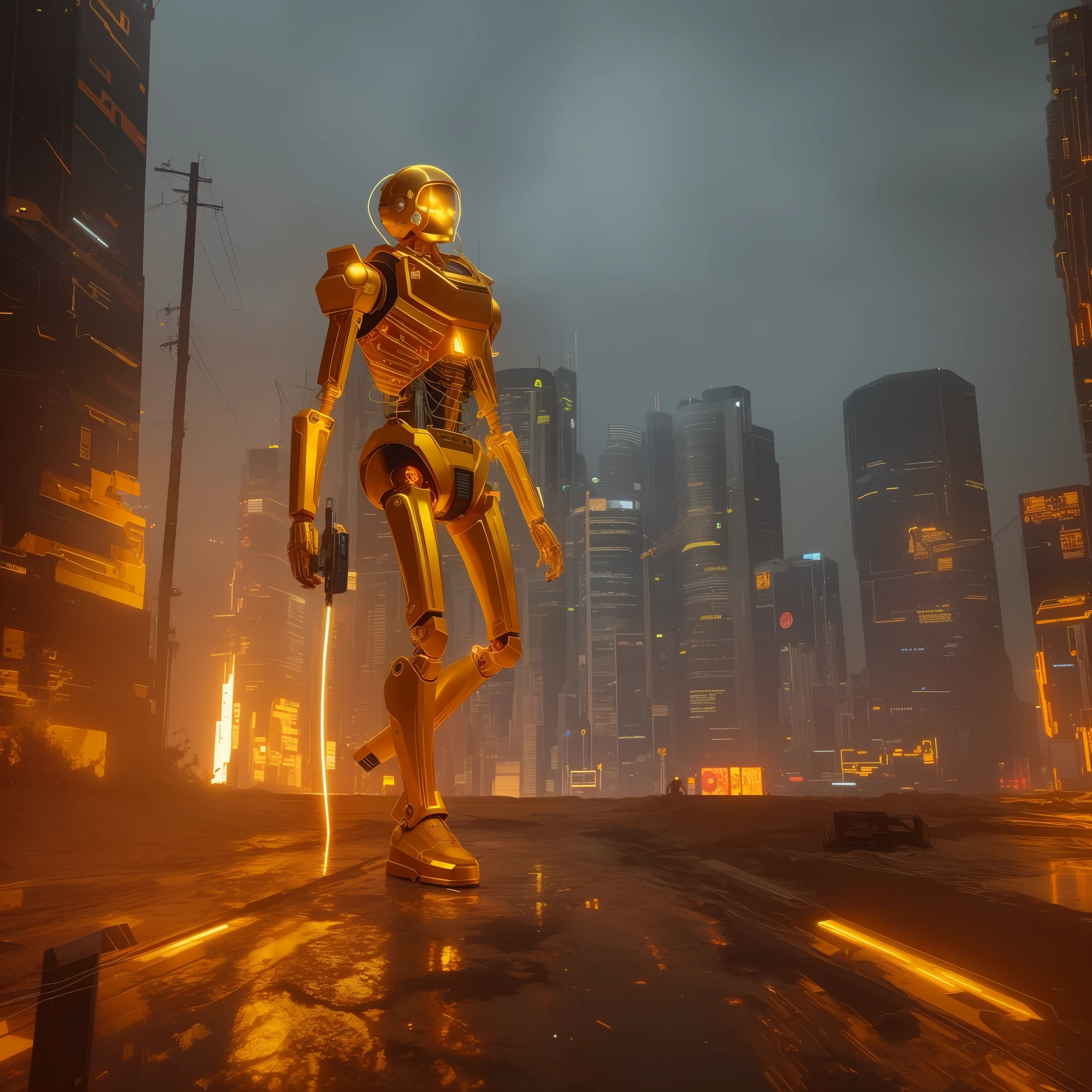 A golden skeleton, full body, with astronaut suit, wires appearing, a robot arm, eyes of fire, cyberpunk, dark, pos apocalyptic scenario, post-apocalyptic city, dramatic, ultra realistic, 8k, intricate details, cinematic shooting, cinematic light, diffuse light, spectacular art, 100 mm, dslr, nikon,