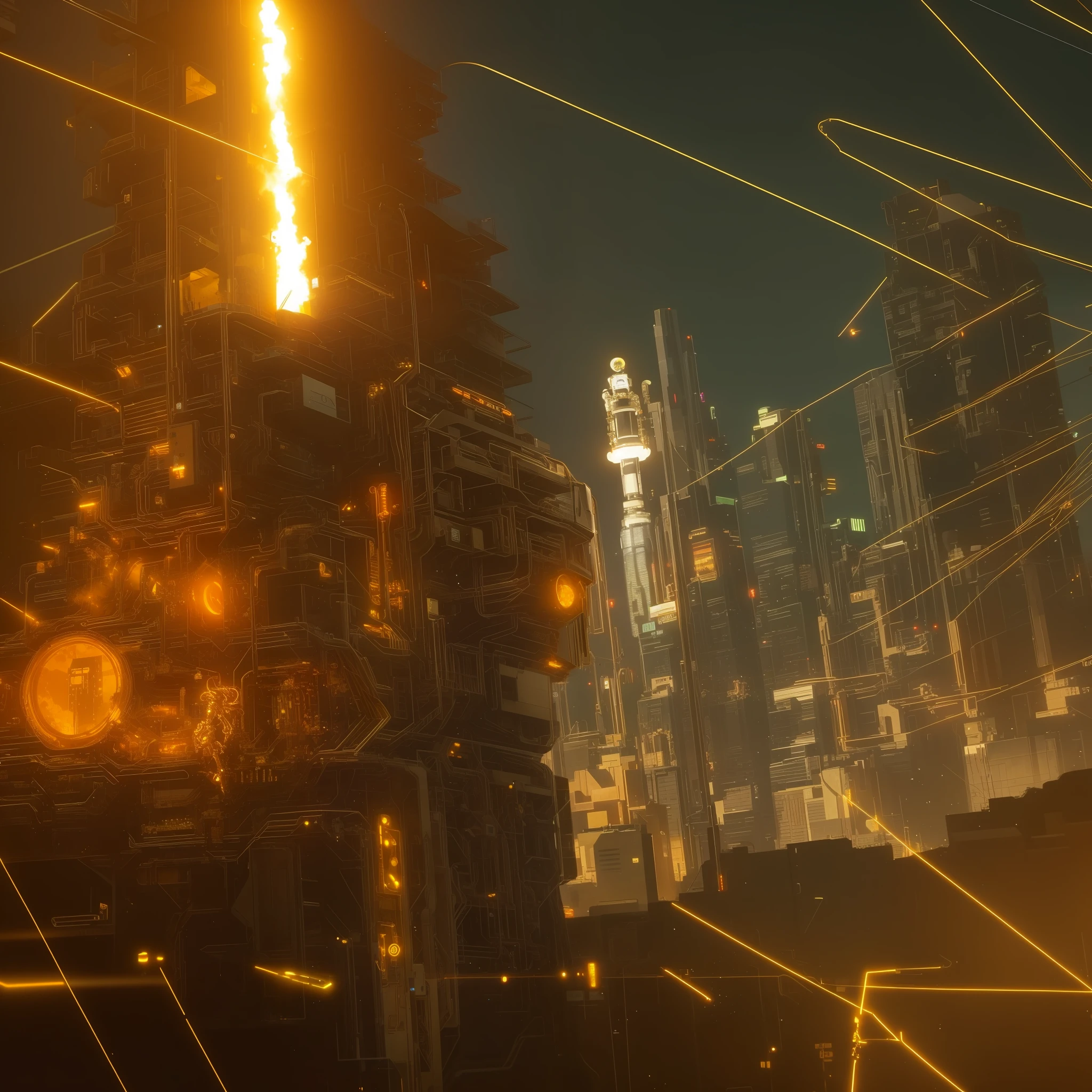 A golden skeleton, full body, with astronaut suit, wires appearing, a robot arm, eyes of fire, cyberpunk, dark, pos apocalyptic scenario, post-apocalyptic city, dramatic, ultra realistic, 8k, intricate details, cinematic shooting, cinematic light, diffuse light, spectacular art, 100 mm, dslr, nikon,