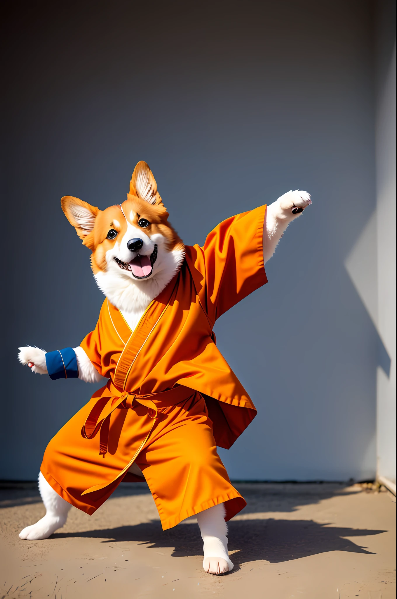Anthropomorphic corgi, standing on two legs, wearing robes, martial arts moves, playing tai chi, square, lightroom, movie, HDR, original, complex, high quality, soothing tones, intricate details