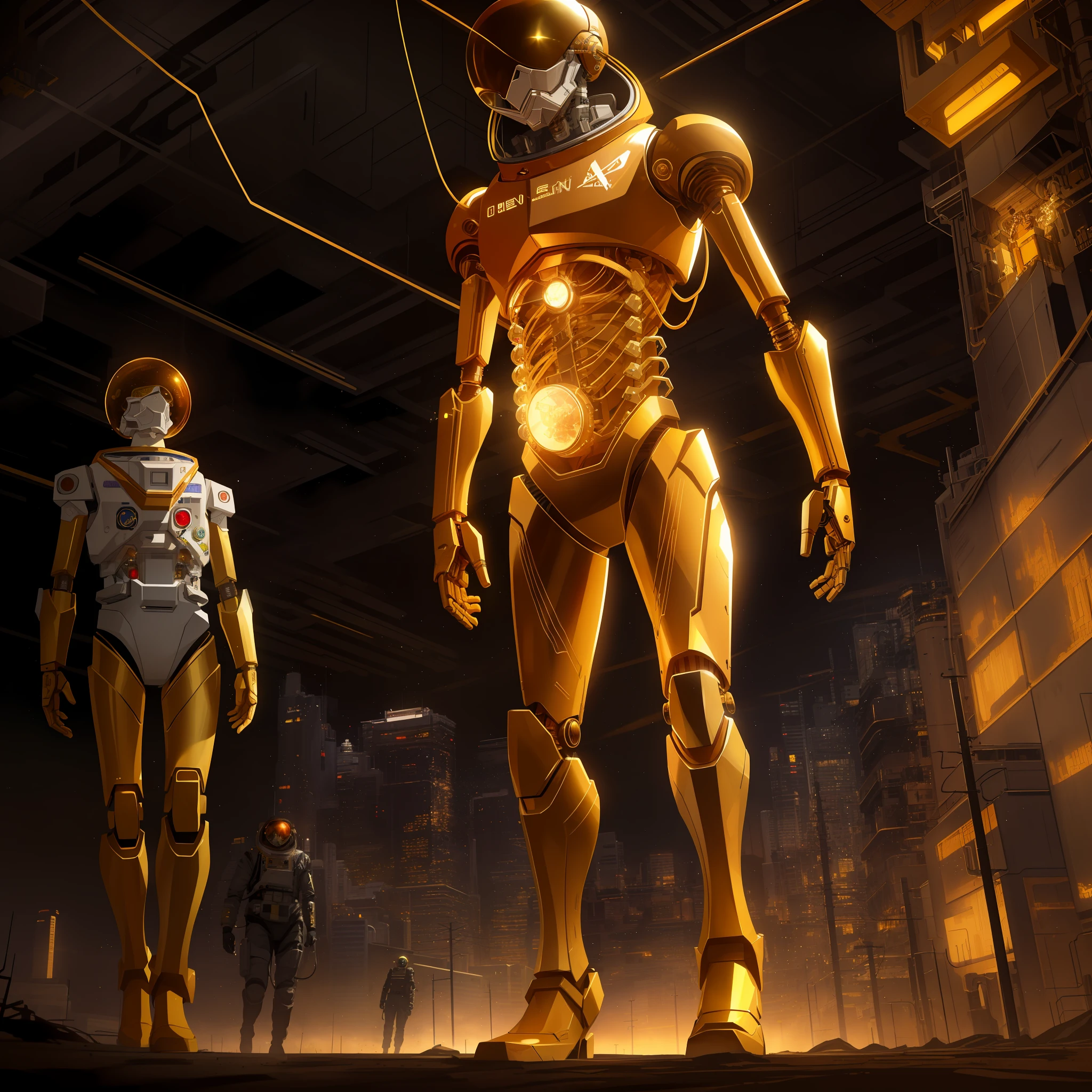 A golden skeleton, full body, ((with astronaut suit)), wires appearing, a robot arm, eyes of fire, cyberpunk, ((dark)), apocalyptic post-apocalyptic scenario, post-apocalyptic city, dramatic, ultra realistic, 8k, intricate details, cinematic shooting, cinematic light, diffuse light, spectacular art, 100 mm, dslr, nikon,