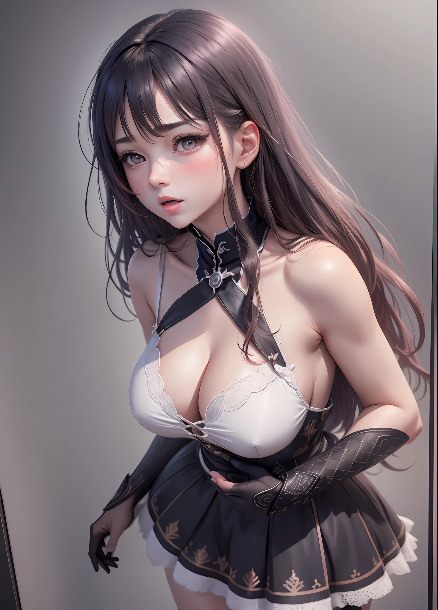 arurinh, (blushing)) ((blushing)), waist up, aberdes, long straight lift hair, modelshoot: photoshoot, HD, high contrast, sharp image, mastery, mouth closed, balanced eyes, CG render, small skull, clavicle detail, (best quality detail: 1.2), realistic, 8K ultra-fine, high quality texture, fine texture, fine detail, high detail, extremely detailed CG, high quality shadows, beautiful and delicate eyes, freedom, beautiful woman, big breasts, mini skirt, tall, peeing self, A look of shame, blush,