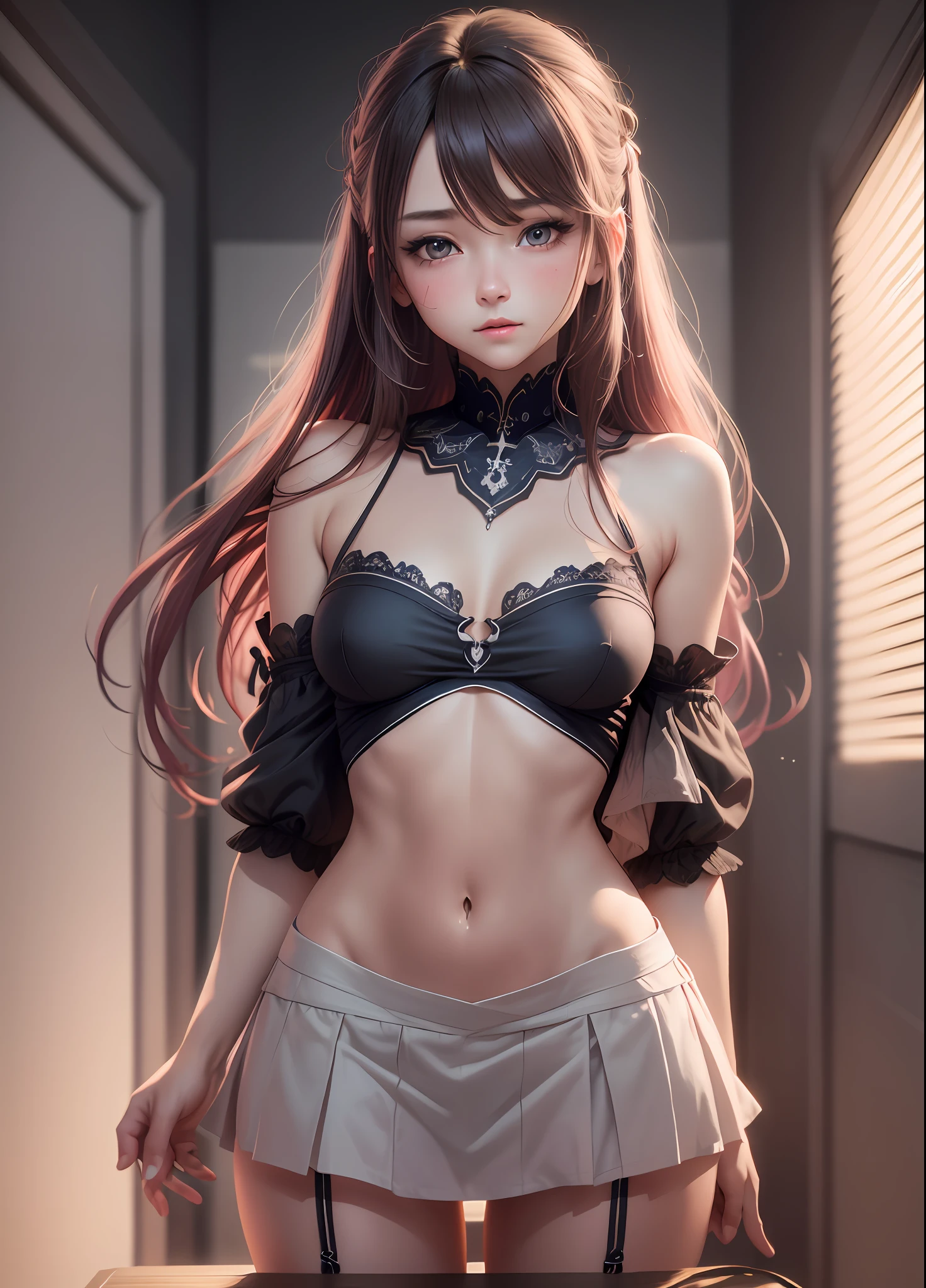 arurinh, (blushing)) ((blushing)), waist up, aberdes, long straight lift hair, modelshoot: photoshoot, HD, high contrast, sharp image, mastery, mouth closed, balanced eyes, CG render, small skull, clavicle detail, (best quality detail: 1.2), realistic, 8K ultra-fine, high quality texture, fine texture, fine detail, high detail, extremely detailed CG, high quality shadows, beautiful and delicate eyes, , beautiful woman, small breastsskirt, tall, peeing self, A look of shame, blush,