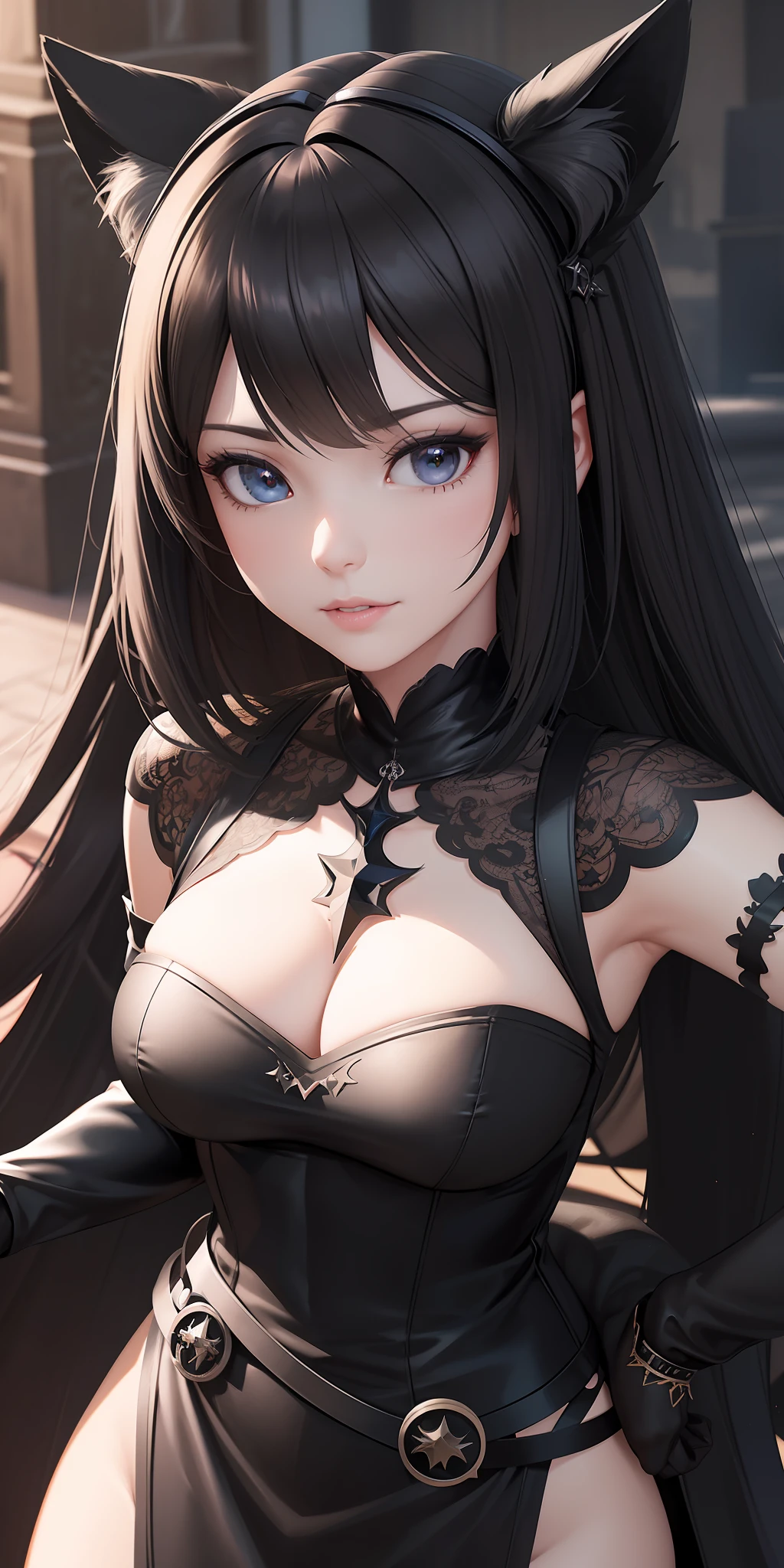 a close up of a woman in a black dress with a cat ears, 3 d render character art 8 k, game cg, perfect android girl, portrait knights of zodiac girl, artgerm ; 3d unreal engine, beautiful female android!, digital fantasy character, 8k high quality detailed art, hyperdetailed fantasy character, intricate ornate anime cgi style