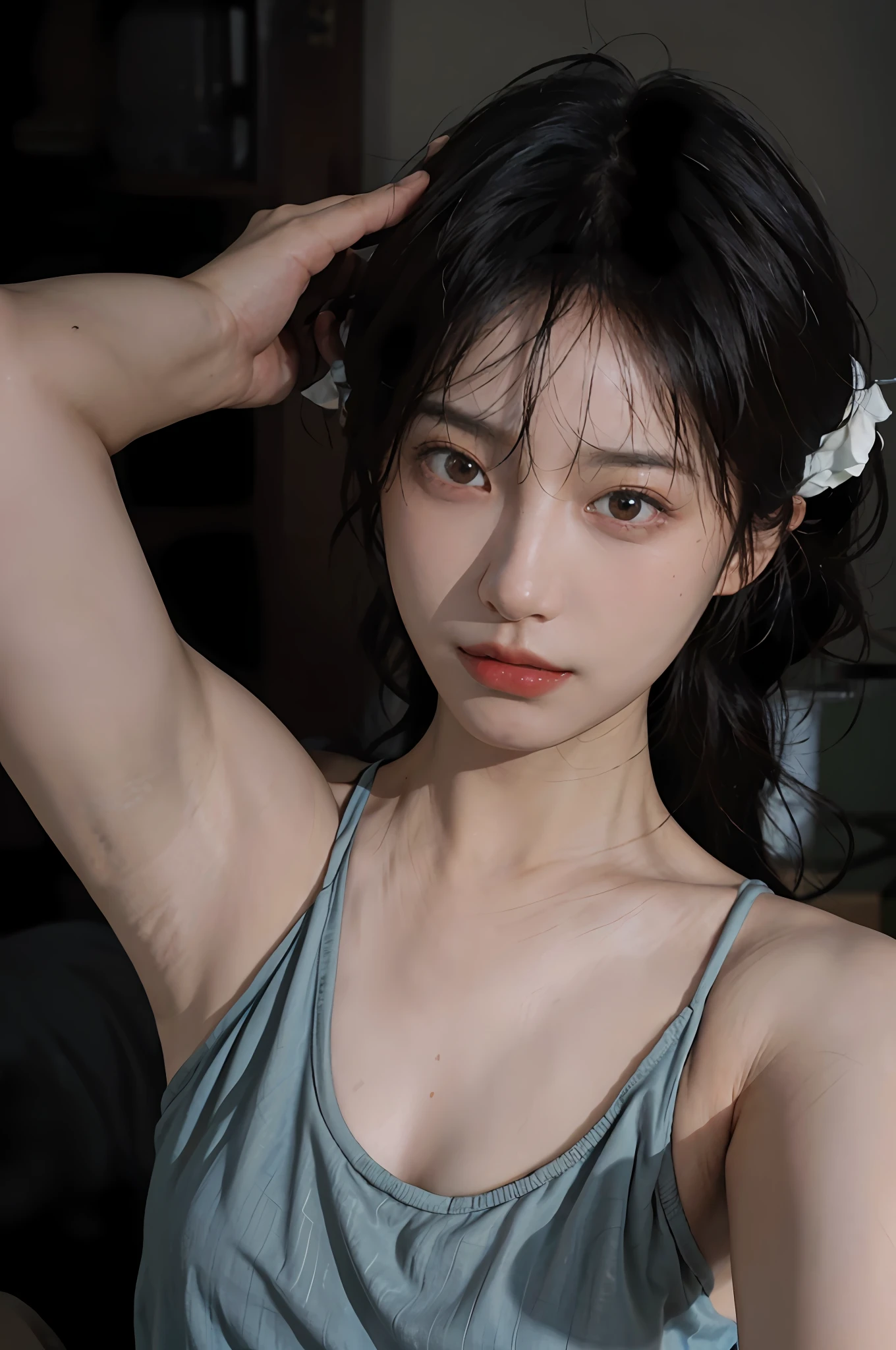 8K, Best Quality, Masterpiece, Ultra High Resolution, (Realism: 1.4), Original Photo, (True Skin Texture: 1.3), (Film Grain: 1.3), (Selfie Angle), 1 Girl, Beautiful Eyes and Face Details, Masterpiece, Best Quality, Close-up, Upper Body