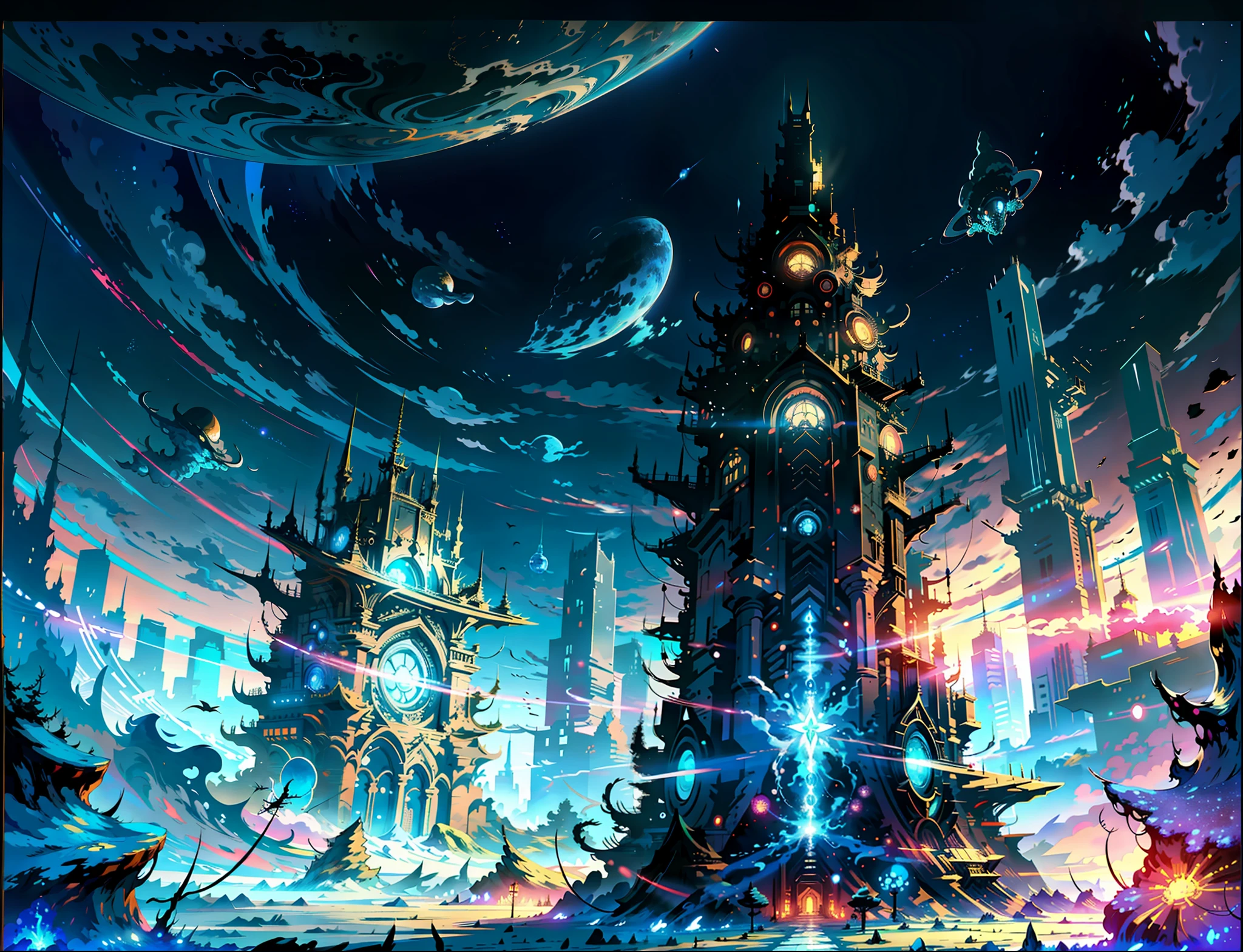 masterpiece, intricate details, ff14style, painting of futuristic city on the moon, space, stars, galaxy, planet, vivid colors,extreme details, realistic light, epic composition, (complex details), (complex design, ultra-details :1.2), Art Station, (Masterpiece, Best Quality), Ultra HD, 32k ,octane render, bioluminescent,8K resolution concept art, realism,by Mappa studios,masterpiece,best quality,official art,illustration,ligne claire,(cool_color),perfect composition,absurdres, fantasy