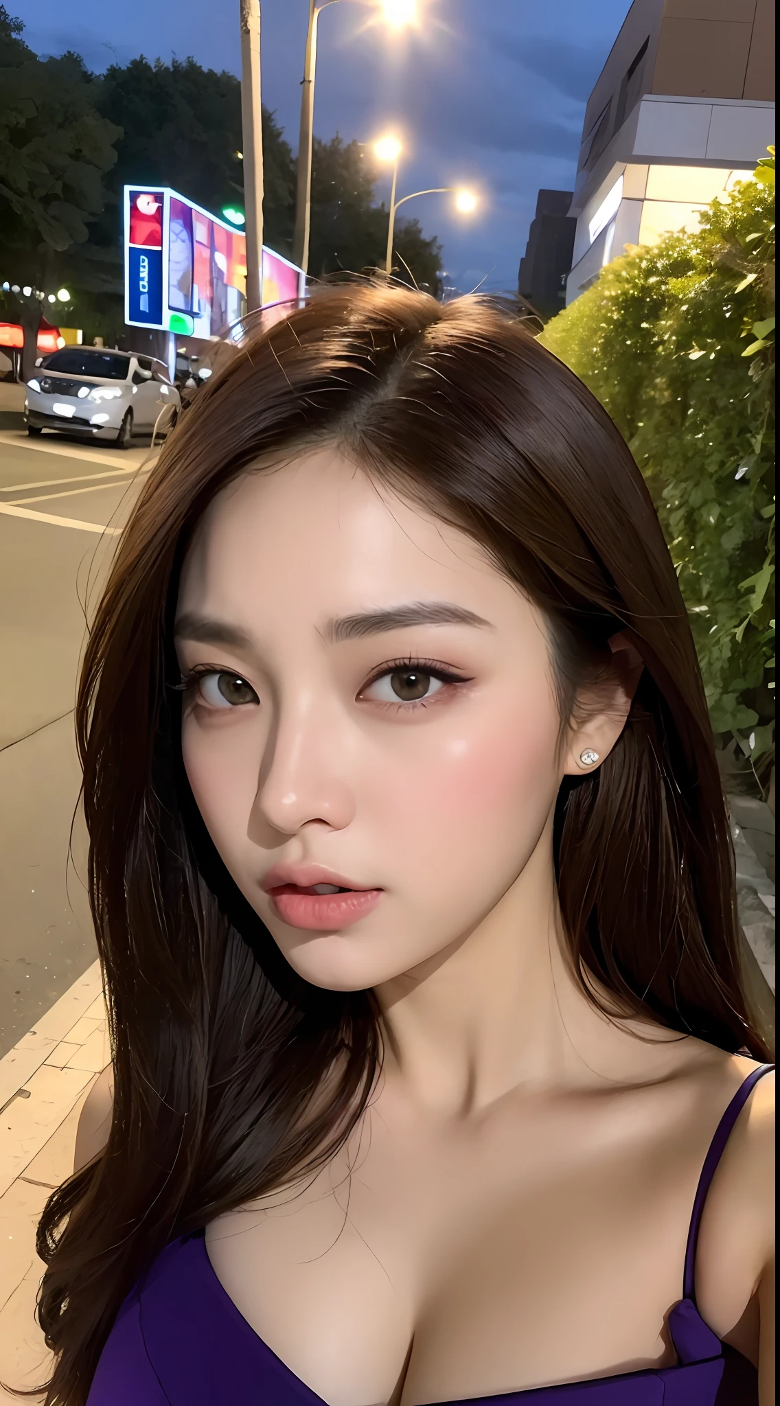 ((Realistic lighting, top quality, 8K, Masterpiece: 1.3)), yawning face, spoiled woman, cleavage slightly visible, focus: 1.2, 1 girl, perfect figure: 1.4, slim abs: 1.1, ((dark brown hair)), (purple dress: 1.4), (outdoor, night: 1.1), city street, ultra-fine face, narrow eyes, double eyelids,