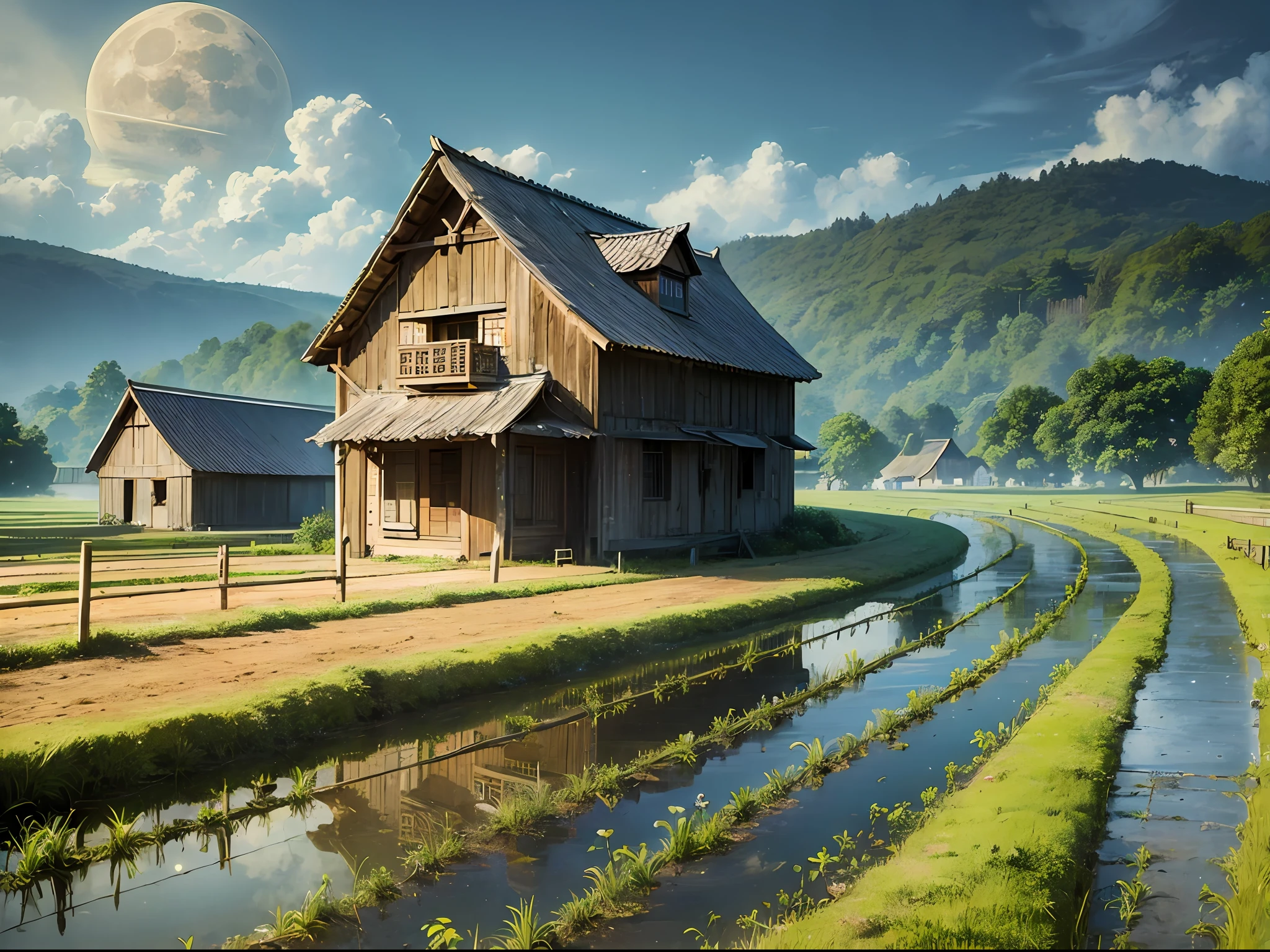 Old farmer carrying flat load, walking along winding path in countryside, big moon, Jupiter reflected, big clouds, blue sky, rice fields, neat rice seedlings in fields, forest, hillside, secluded, countryside, HD detail, hyper detail, film, surrealism, soft light, deep field focus bokeh, ray tracing, surrealism. --v6