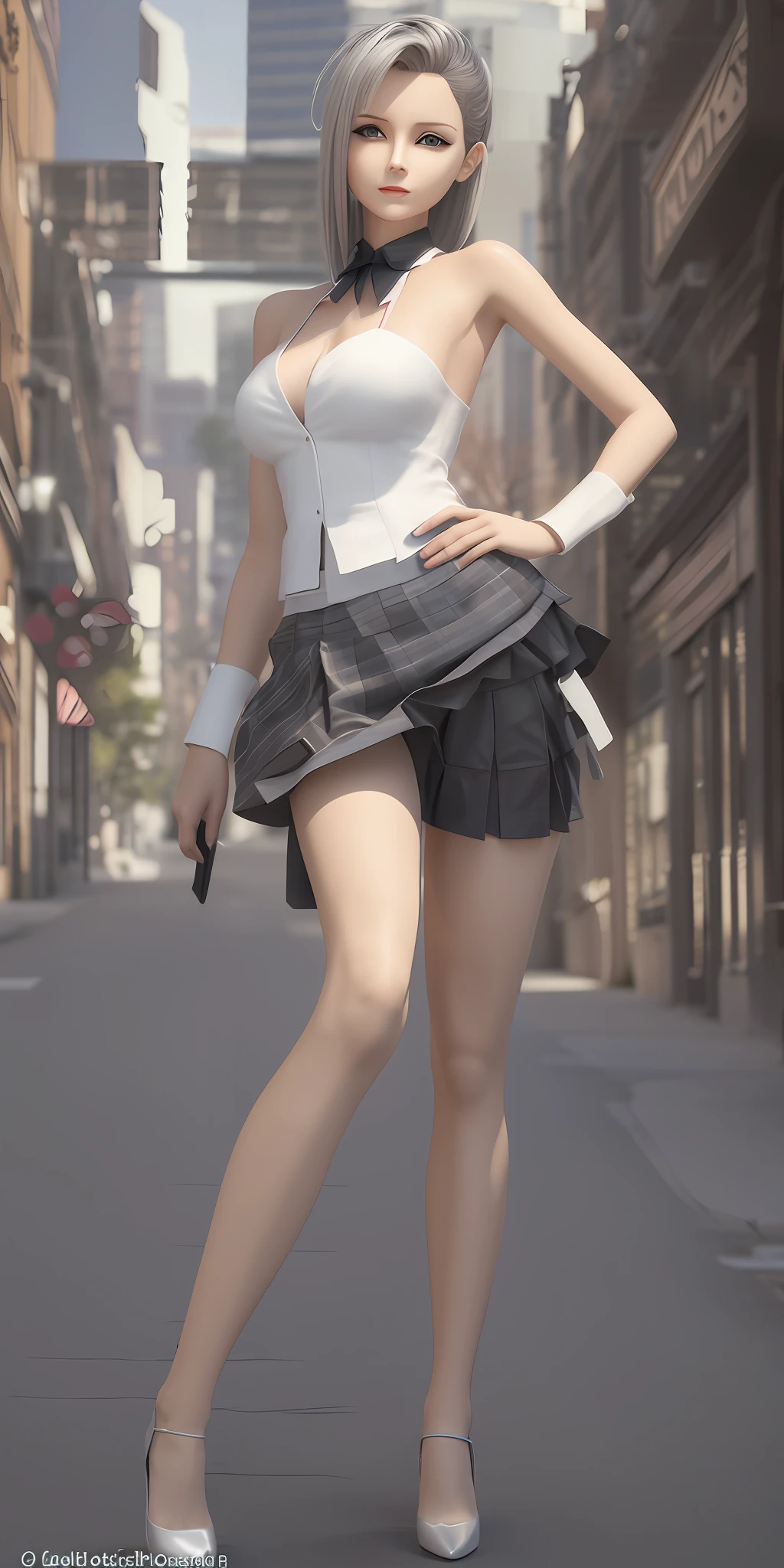 real human, style woman in short skirt and white top posing for photo, photorealistic girl rendering, city street, surreal schoolgirl, elegant movie pose, 3d animation realistic, city street, cute girl rendering, lifelike schoolgirl, surreal schoolgirl