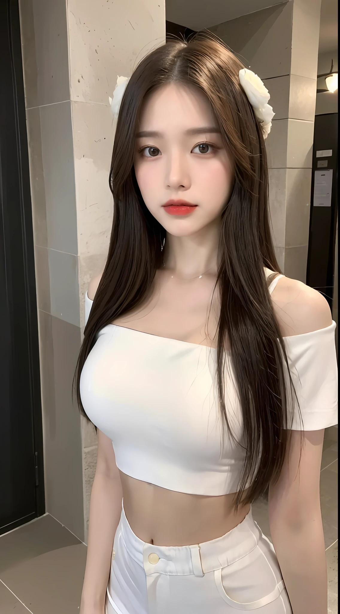 ((Best Quality, 8K, Masterpiece: 1.3)), (Flower Cap: 1.3), Focus: 1.2, Perfect Body Beauty: 1.4, Buttocks: 1.2, (Layered Haircut: 1.2)), (Dark Street: 1.3), Highly Detailed Face and Skin Texture, Full Body, Delicate Eyes, Double Eyelids, Whitened Skin, Long Hair, (Round Face: 1.5), (Loose Crop Top, Shorts: 1.6)