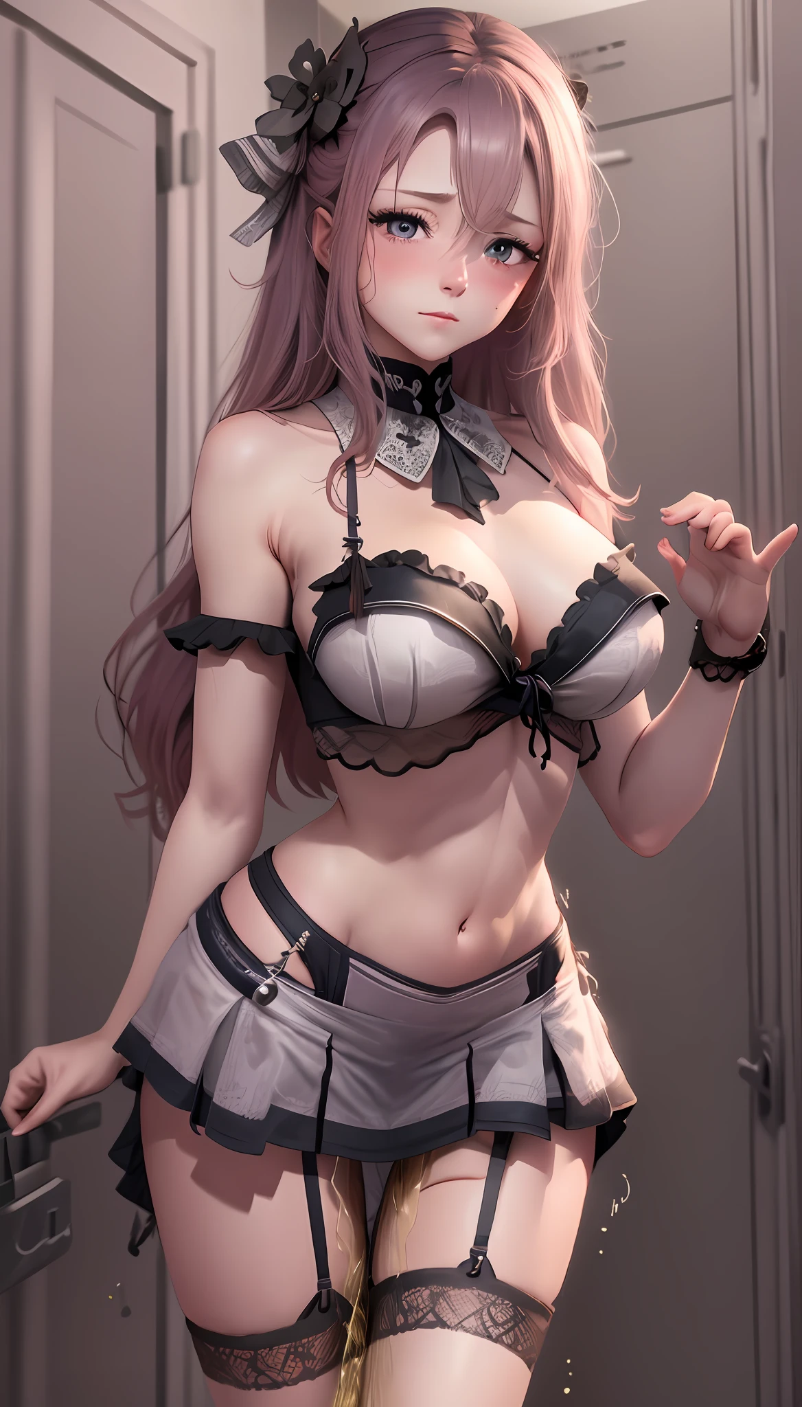 arurinh, (blushing)) ((blushing)), aberdes, long straight lift hair, modelshoot: photoshoot, HD, high contrast, sharp image, mastery, balanced eyes, CG render, small skull, clavicle detail, (best quality detail: 1.2), realistic, 8K ultra-fine, high quality texture, fine texture, fine detail, high detail, extremely detailed CG, high quality shadows, beautiful and delicate eyes, freedom, beautiful woman, big breasts, micro mini skirt, tall, peeing self, A look of shame, blush, upturned eyes, garter belt, swimwear
