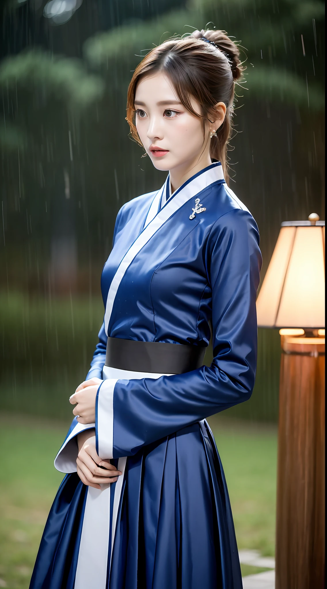 Korean Woman, (Masterpiece, Beautiful People, Sadness, Sorrow), Virtual YouTube, ((Night, Moderate Rain, Very Poor Quality Photos, 2k, Masterpiece: 1.3)), 1girl, Slim Beauty: 1.4, Ponytail, Abs: 1.1, (Brunet, Middle Breasts: 1.3), Blue Hanbok: 1.1, Conservative, Hanfu, Wide-sleeved Liuxian Skirt, (Peak: 1.4), Forest, Sadness, Lonely, Slender Waist, Slim Body.