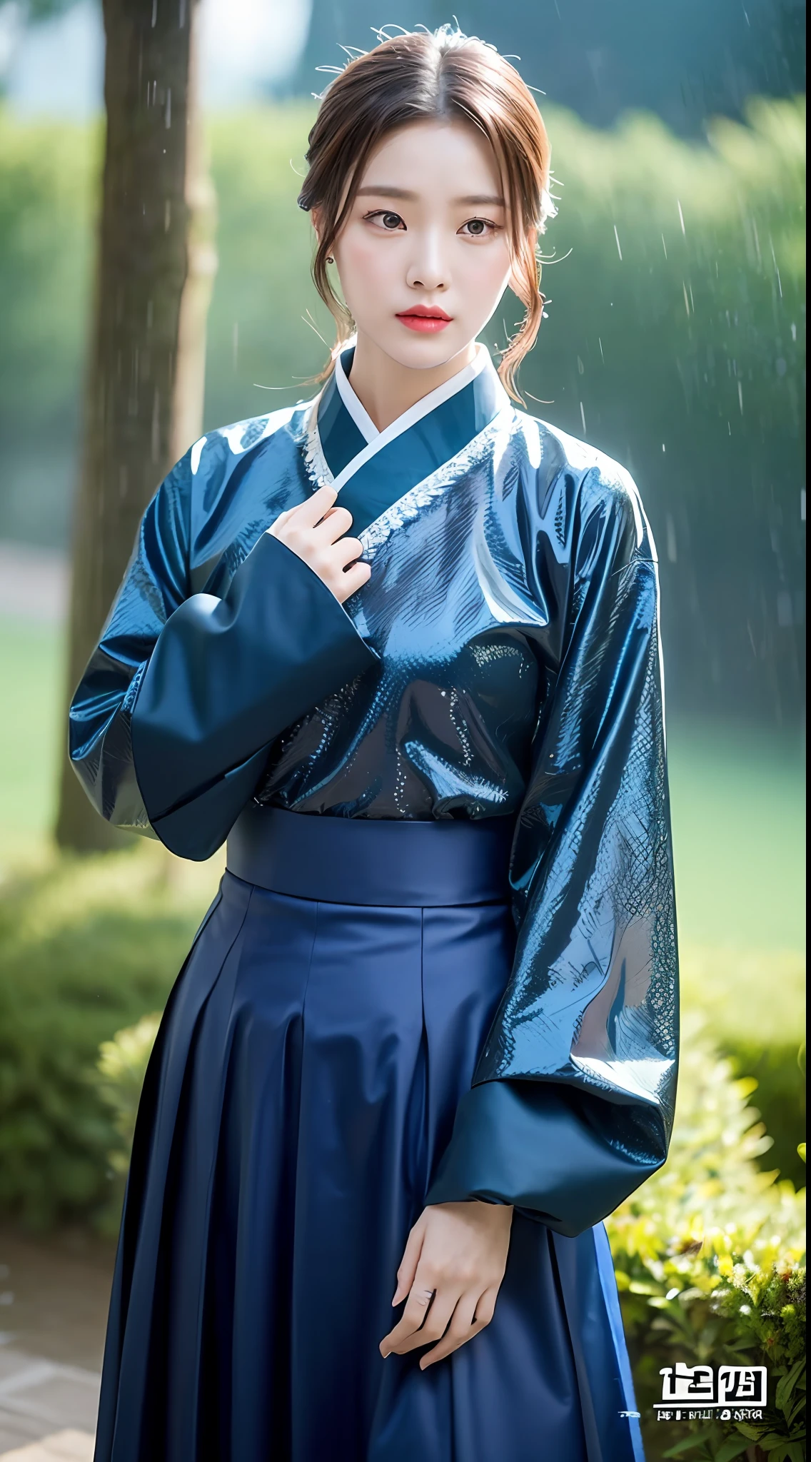 Korean Woman, (Masterpiece, Beautiful People, Sadness, Sorrow), Virtual YouTube, ((Night, Moderate Rain, Very Poor Quality Photos, 2k, Masterpiece: 1.3)), 1girl, Slim Beauty: 1.4, Ponytail, Abs: 1.1, (Brunet, Middle Breasts: 1.3), Blue Hanbok: 1.1, Conservative, Hanfu, Wide-sleeved Liuxian Skirt, (Peak: 1.4), Forest, Sadness, Lonely, Slender Waist, Slim Body.