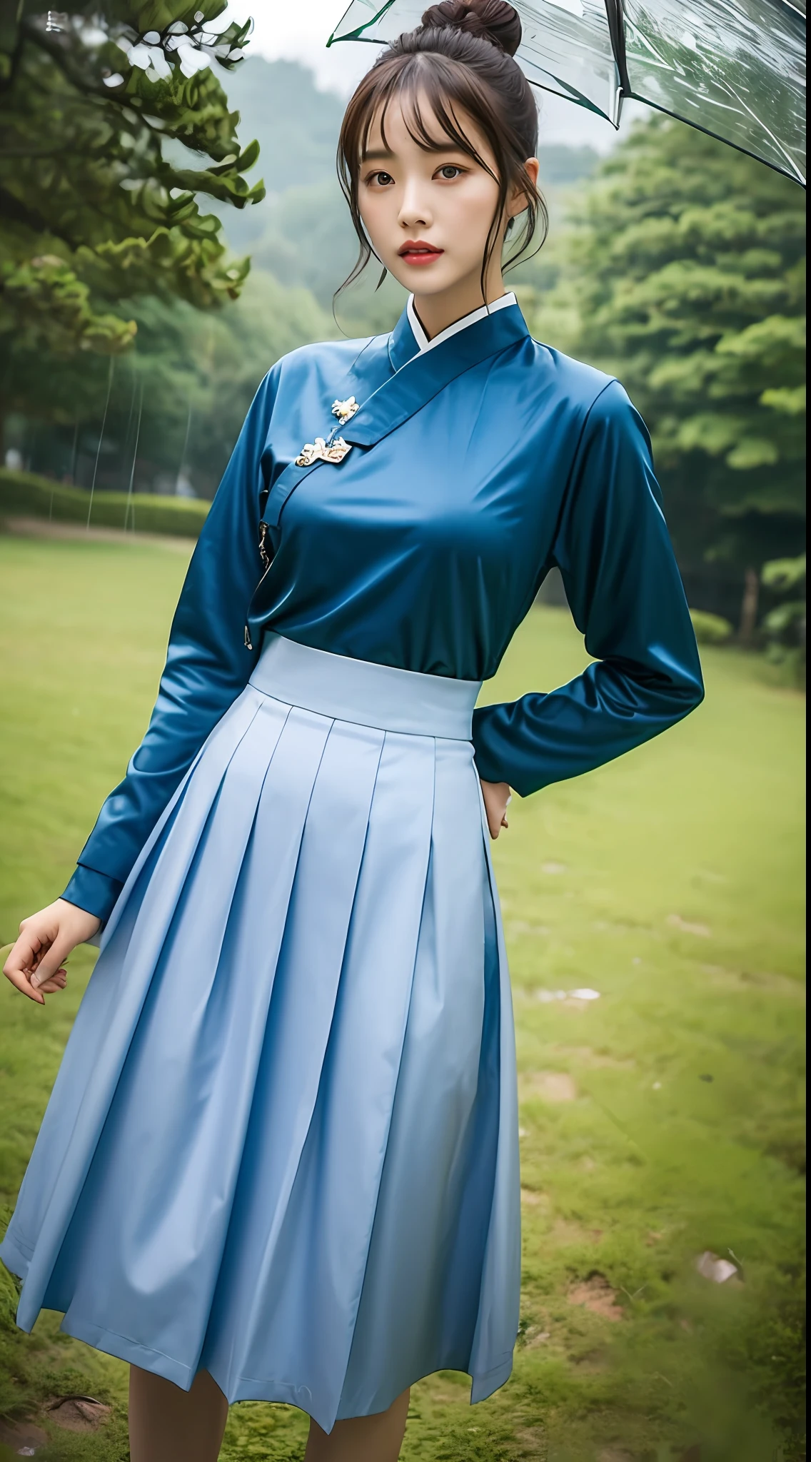 Korean Woman, (Masterpiece, Beautiful People, Sadness, Sorrow), Virtual YouTube, ((Night, Moderate Rain, Very Poor Quality Photos, 2k, Masterpiece: 1.3)), 1girl, Slim Beauty: 1.4, Ponytail, Abs: 1.1, (Brunet, Middle Breasts: 1.3), Blue Hanbok: 1.1, Conservative, Hanfu, Wide-sleeved Liuxian Skirt, (Peak: 1.4), Forest, Sadness, Lonely, Slender Waist, Slim Body.