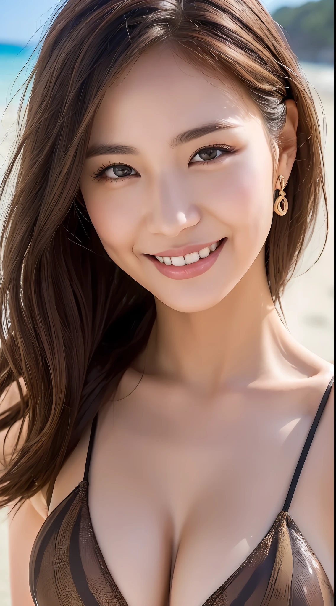(Best quality, 8k, masterpiece: 1.3), a beautiful woman with perfect figure: 1.4, dark brown hair, Bikini, Beach:1.1, highly detailed face and skin, detailed eyes, double eyelids, big breasts, smile