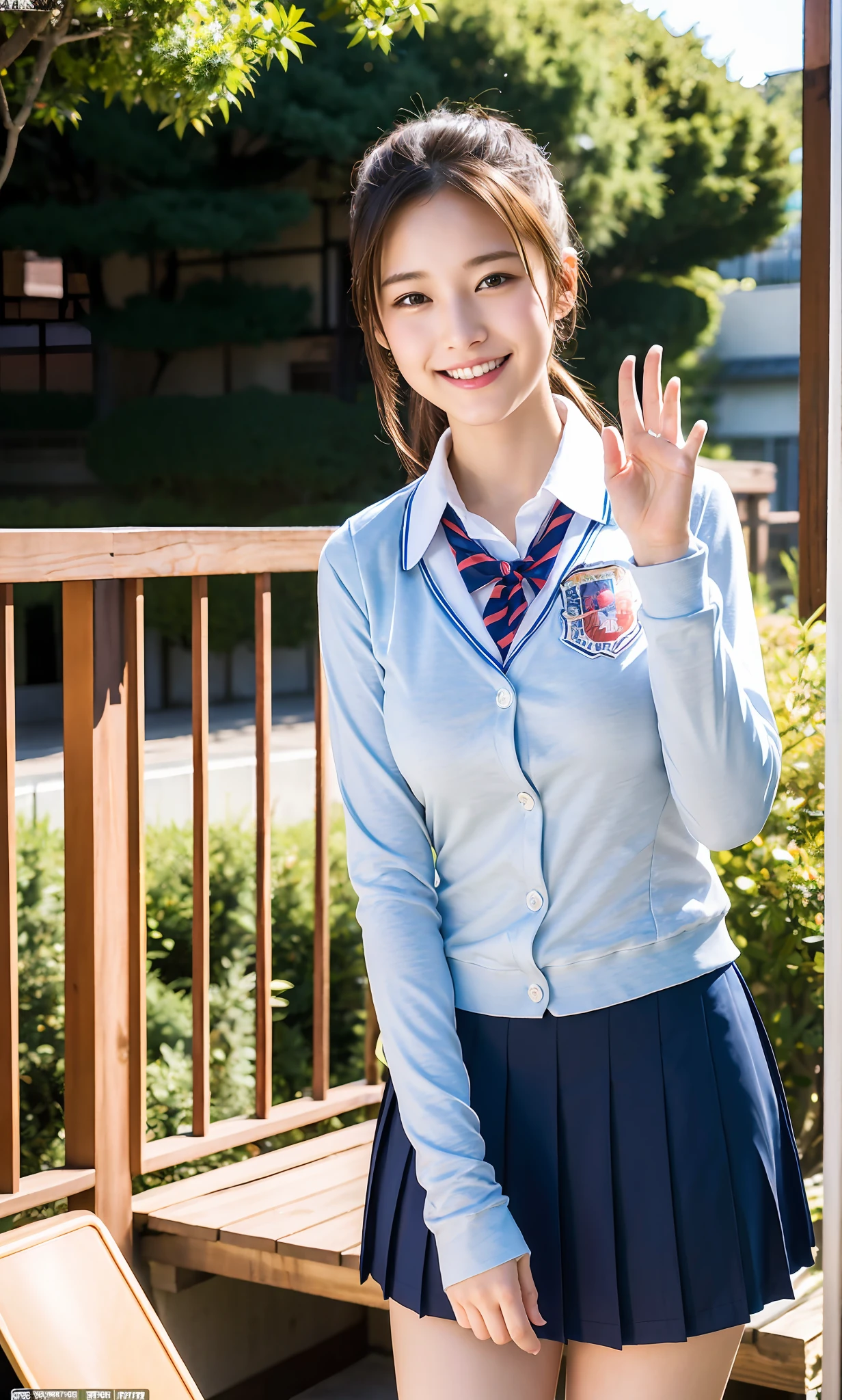 waving, slender legs, ponytail, unparalleled beauty, cute face, best smile, cute smile, frontal, slender, straight hair, school, ulzzang-6500-v1.1, (raw photo: 1.2), (photorealistic: 1.4), beautiful detailed girl, very detailed eyes and face, beautiful detailed eyes, huge file size, high resolution, very detailed, best quality, masterpiece, (( Japan Girls' High School Uniform)), very detailed, CG, 8k wallpaper, fantastic, fine detail, top quality, highly detailed CG uniform, light on face, movie lighting, girl,