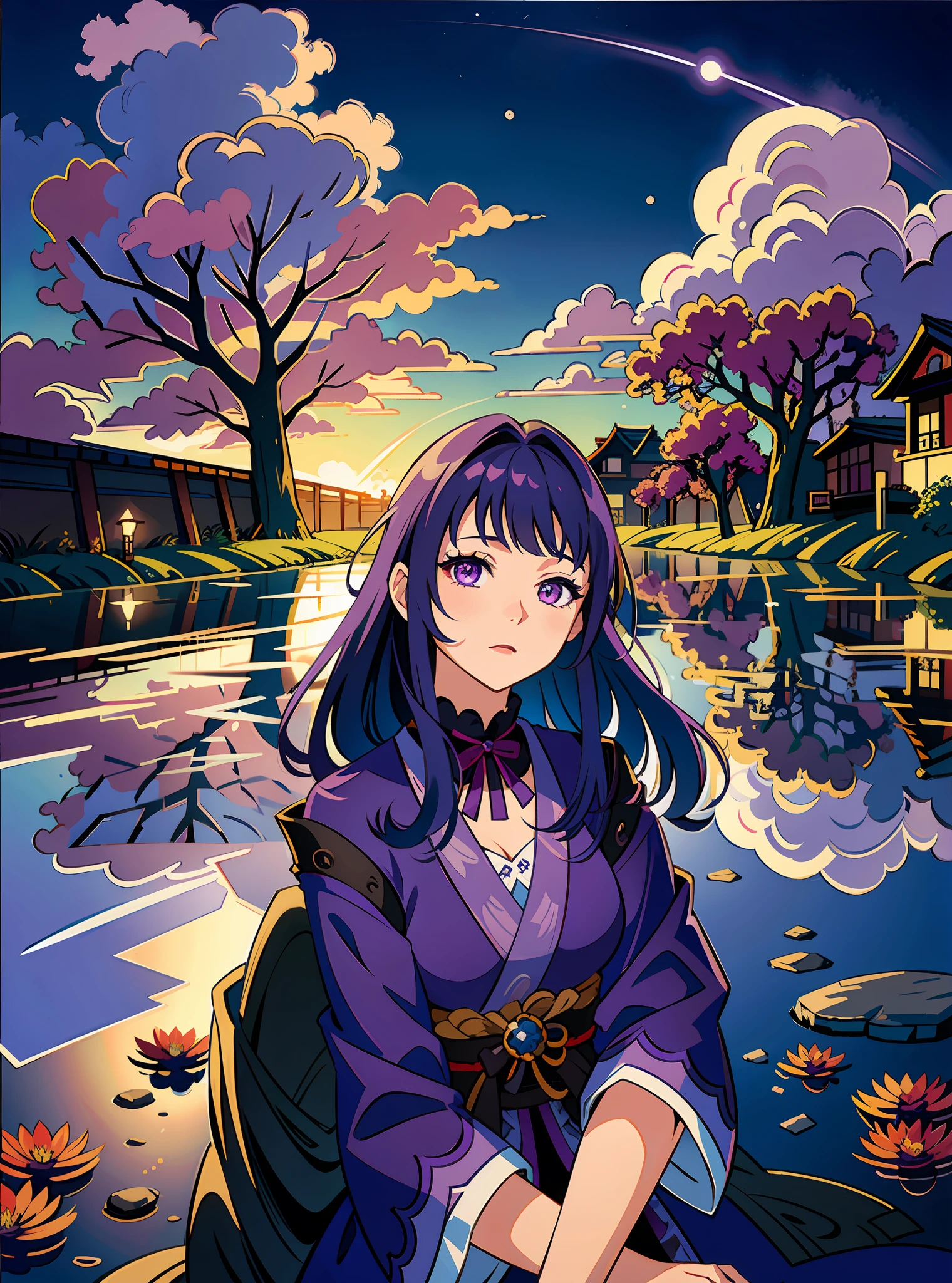 (masterpiece),(best quality:1.0), (ultra highres:1.0), detailed illustration, 8k, anime, 1girl, beautiful anime girl, Girl, Raiden Shogun, Purple eyes, detailed eyes, purple hair, detailed hair, anime feel, detailed, anime style, (Raiden Shogun: 1.2), best quality, (Genshin Impact), lightning back ground, godly background, highly detailed, purple, purple thunder, storm, dark