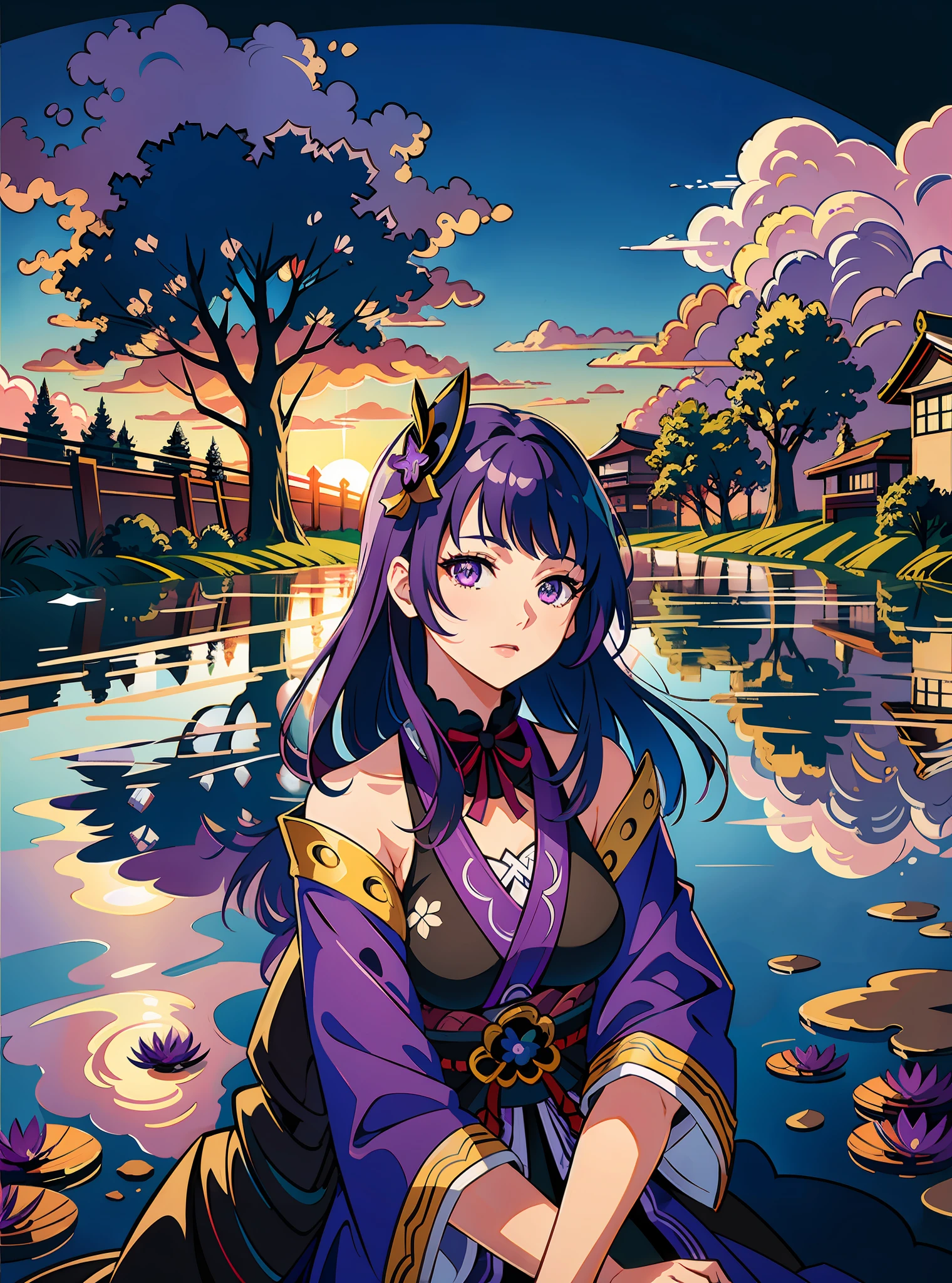 (masterpiece),(best quality:1.0), (ultra highres:1.0), detailed illustration, 8k, anime, 1girl, beautiful anime girl, Girl, Raiden Shogun, Purple eyes, detailed eyes, purple hair, detailed hair, anime feel, detailed, anime style, (Raiden Shogun: 1.2), best quality, (Genshin Impact), lightning back ground, godly background, highly detailed, purple, purple thunder, storm, dark