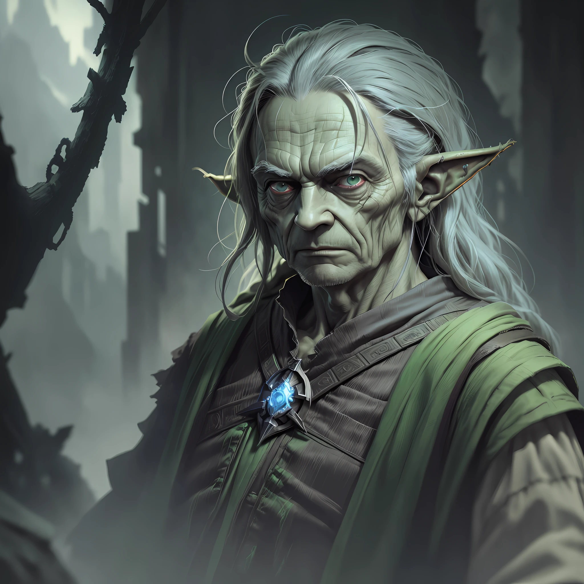 Master Yoda Star Wars movie character, male, Dark, dark atmosphere, terrifying necromancer, morbid colors, Old and shoulder hair, high definition detailed face, detailed clothing, detailed eyes, small and detailed elf ear, detailed and worn costume, hyper-realistic style, Ultra-HD, Natural lighting, professional photography, 8k, photorealistic, cinematic lighting,