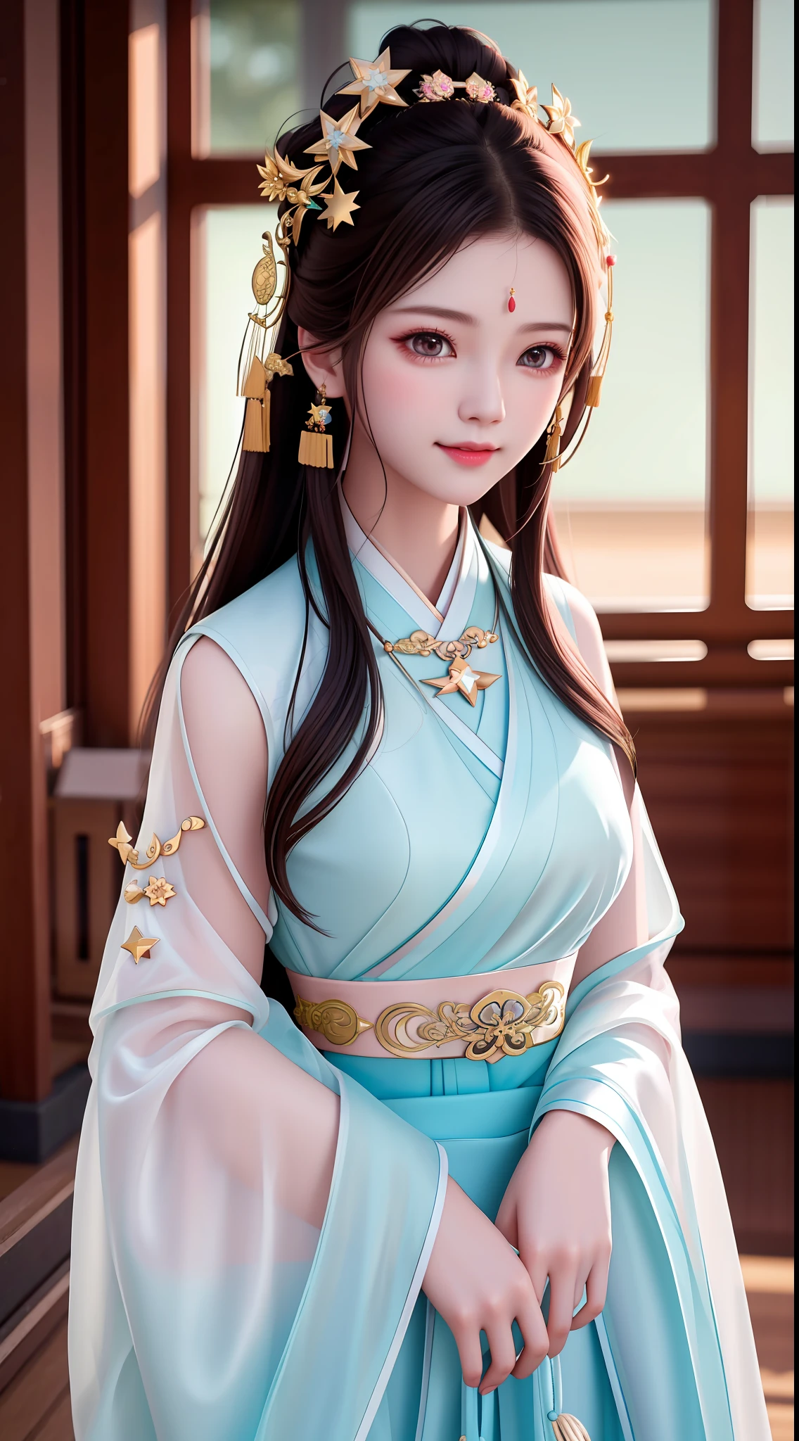 best quality, masterpiece, highres, 1girl,blush,(seductive smile:0.8),star-shaped pupils,china hanfu,hair ornament,necklace, jewelry,Beautiful face,upon_body, tyndall effect,photorealistic, dark studio, rim lighting, two tone lighting,(high detailed skin:1.2), 8k uhd, dslr, soft lighting, high quality, volumetric lighting, candid, Photograph, high resolution, 4k, 8k, Bokeh