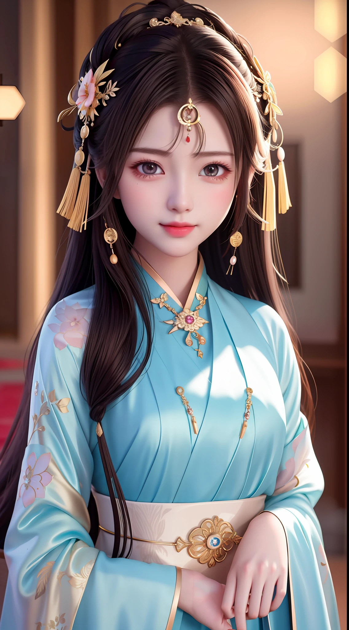 best quality, masterpiece, highres, 1girl,blush,(seductive smile:0.8),star-shaped pupils,china hanfu,hair ornament,necklace, jewelry,Beautiful face,upon_body, tyndall effect,photorealistic, dark studio, rim lighting, two tone lighting,(high detailed skin:1.2), 8k uhd, dslr, soft lighting, high quality, volumetric lighting, candid, Photograph, high resolution, 4k, 8k, Bokeh