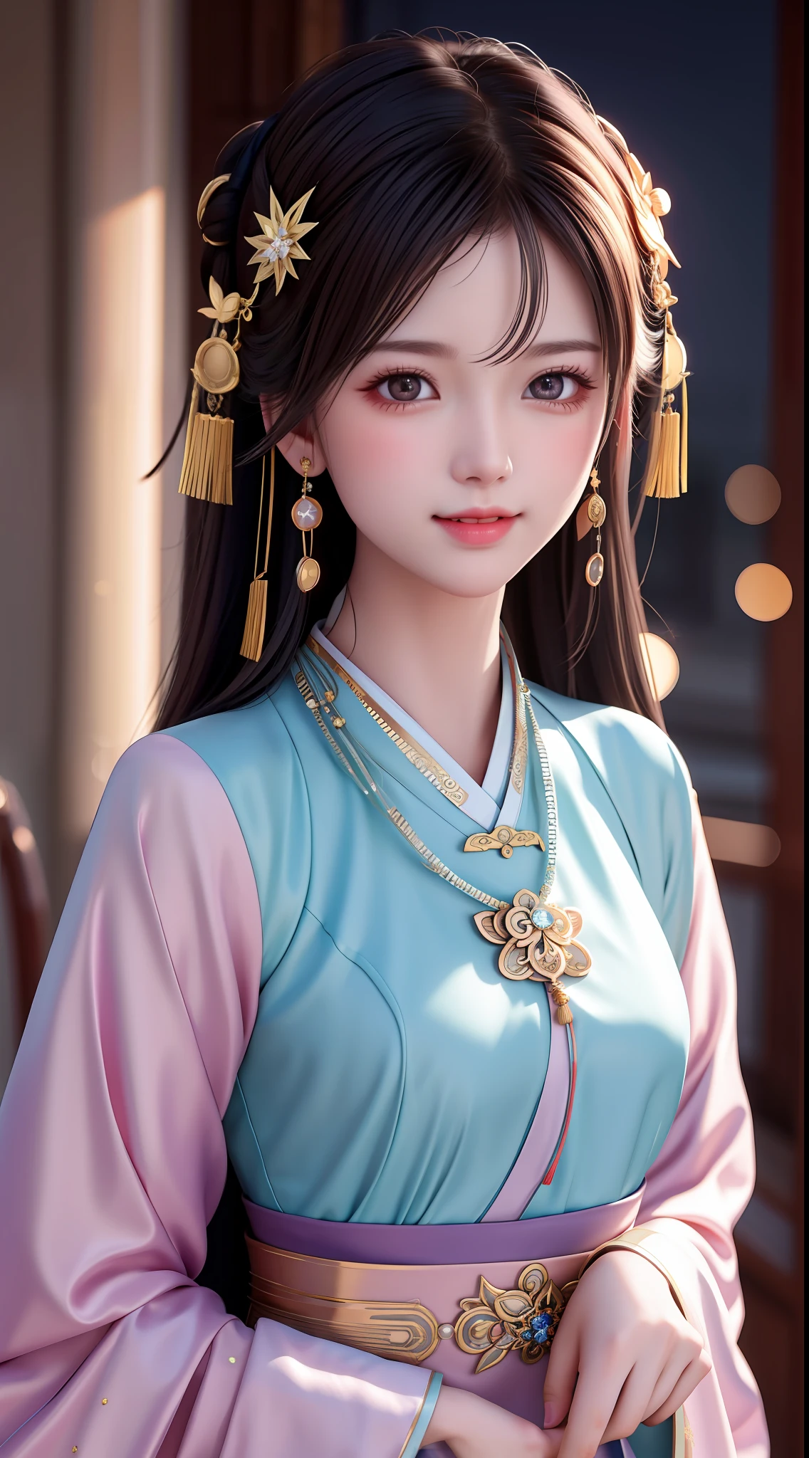 best quality, masterpiece, highres, 1girl,blush,(seductive smile:0.8),star-shaped pupils,china hanfu,hair ornament,necklace, jewelry,Beautiful face,upon_body, tyndall effect,photorealistic, dark studio, rim lighting, two tone lighting,(high detailed skin:1.2), 8k uhd, dslr, soft lighting, high quality, volumetric lighting, candid, Photograph, high resolution, 4k, 8k, Bokeh