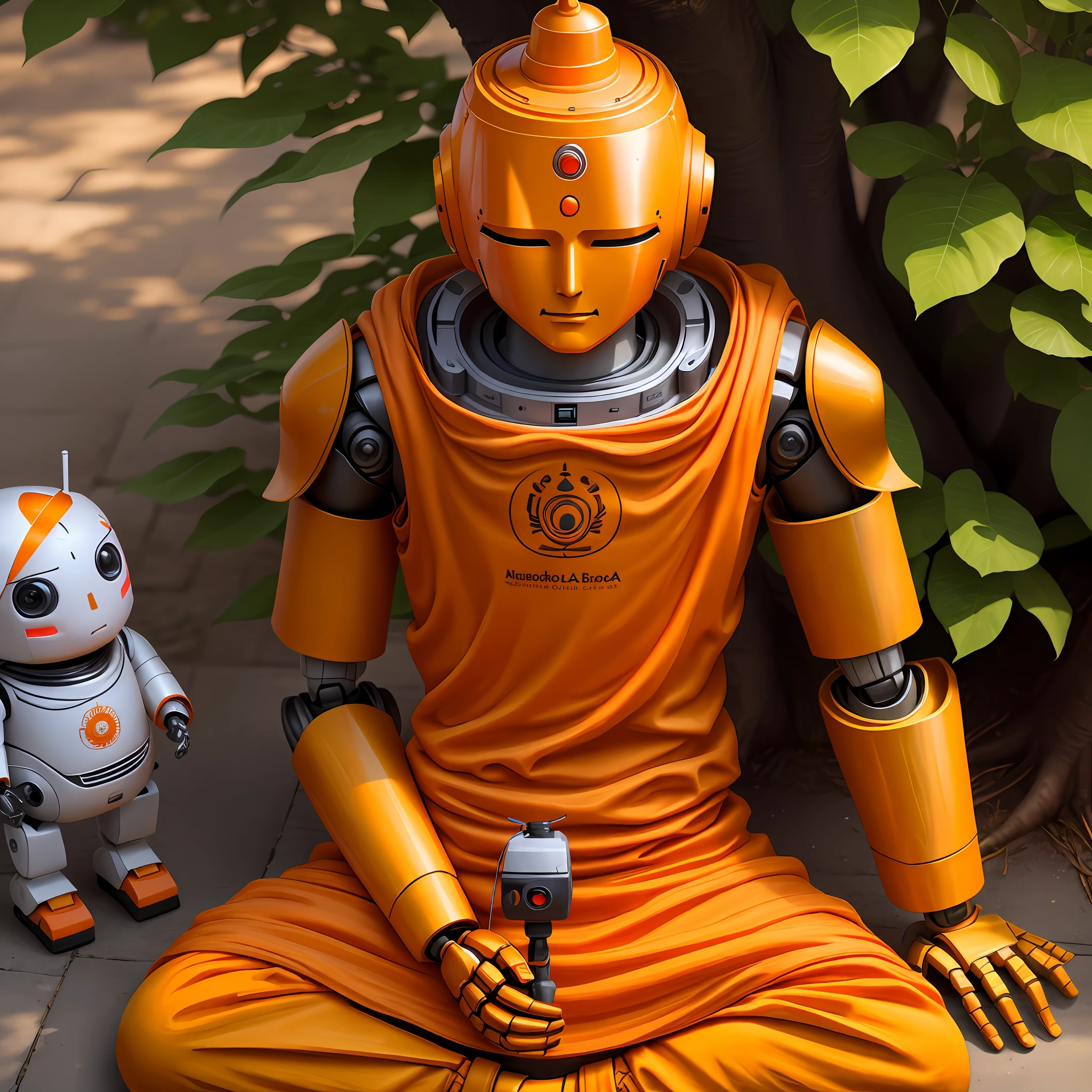 A robot wearing a orange coloured clothes sat under the tree doing meditation just like lord buddha