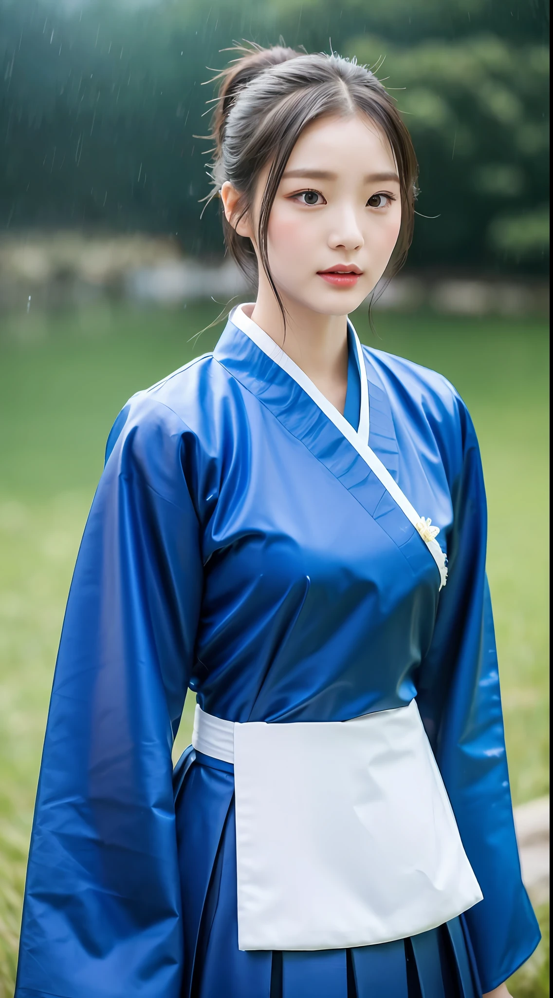 Korean woman, (masterpiece, beautiful people, sadness, sadness), virtual YouTube, ((moderate rain, very poor quality photos, 2k, masterpiece: 1.3)), ponytail, abs: 1.1, (black hair, flat chest: 1.3), pure blue hanfu: 1.1, conservative, hanbok, wide sleeve flowing fairy skirt, (mountain top: 1.4), forest, sadness, loneliness, plain makeup, no makeup, slim waist, slim body.